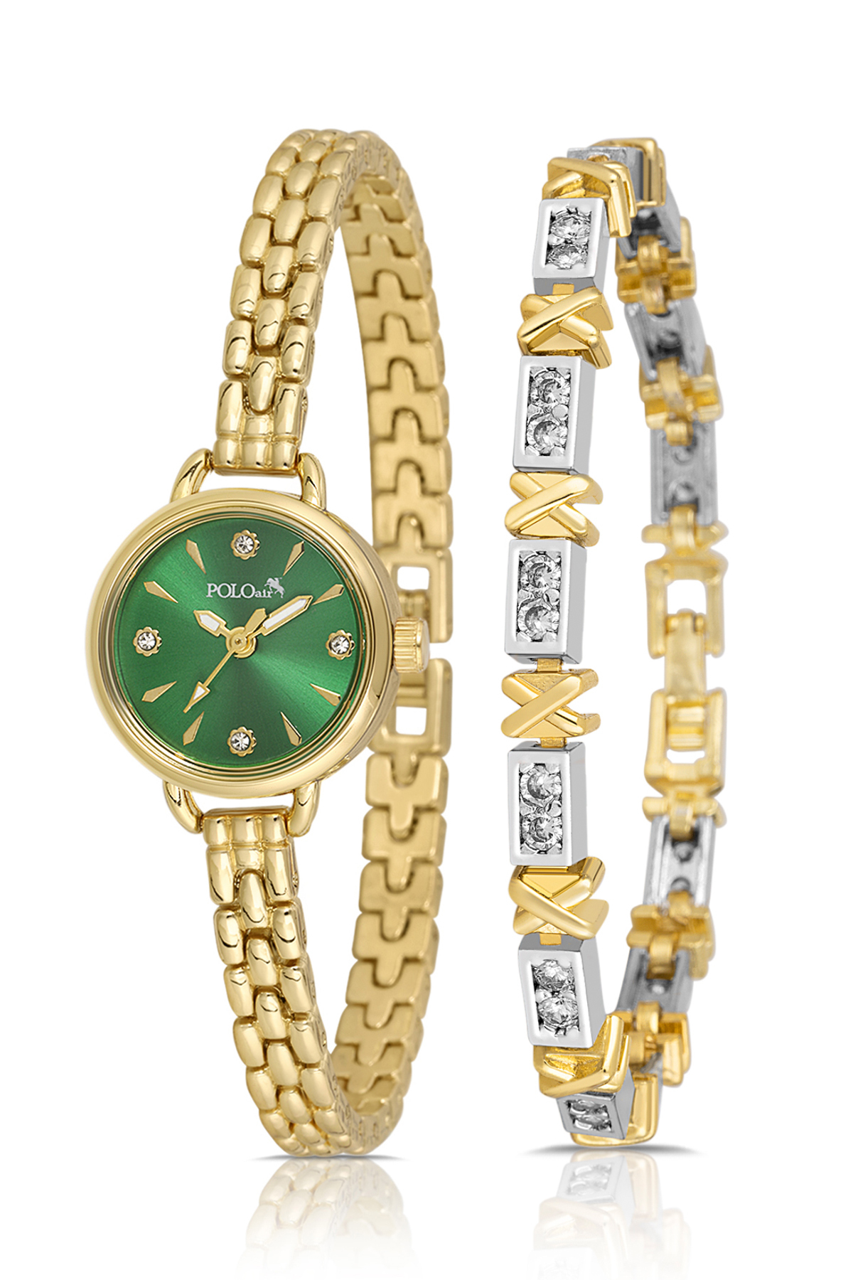 Minimal Kadın Kol Saati Xoxo Bileklik Kombin Gold Yeşil Renk Pl-1581B1 Altın Pl-1581B1