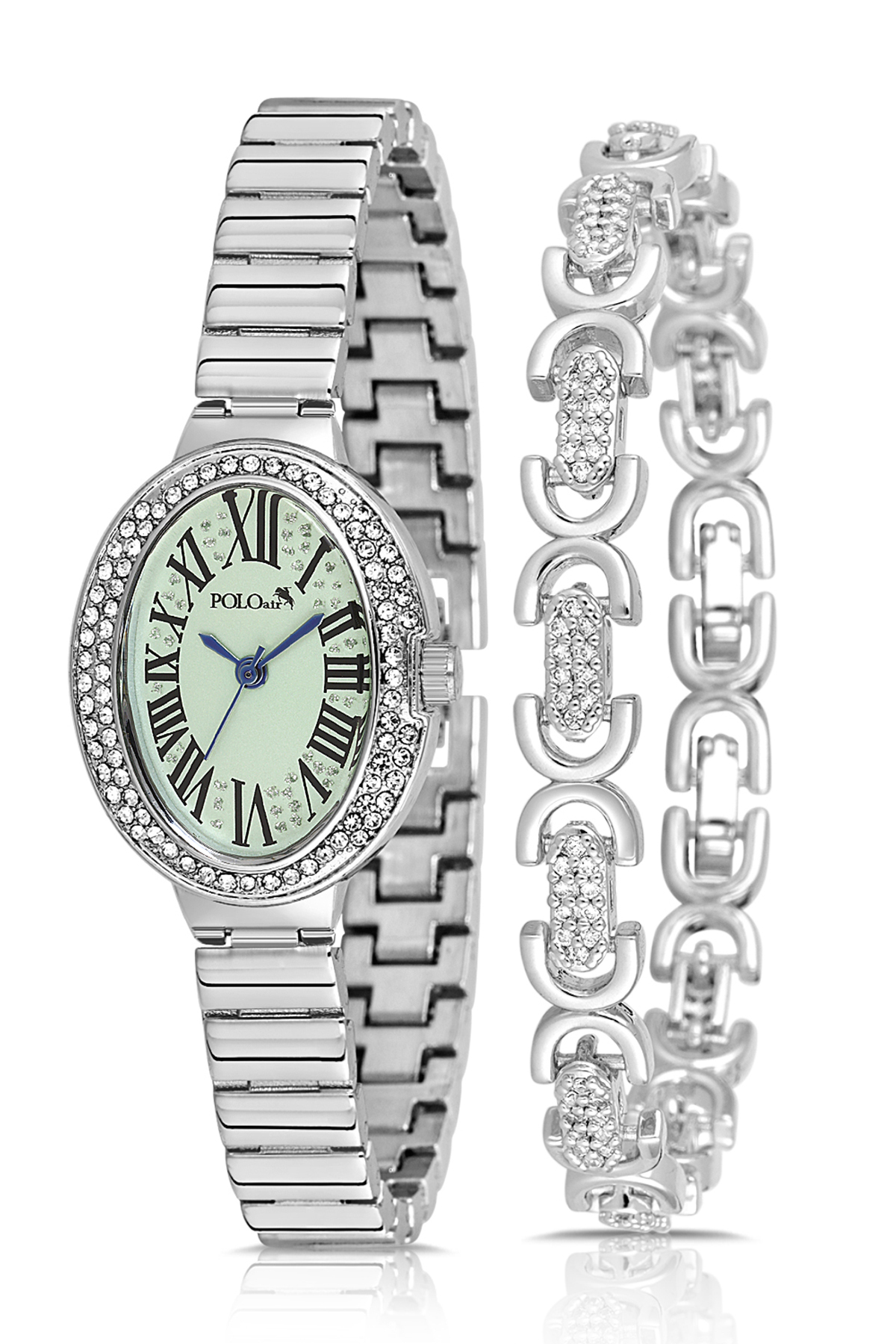 Oval Kasa Kadın Kol Saati Oval Bileklik Kombin Gümüş Yeşil Renk Pl-1568B4 Yeşil Pl-1568B4