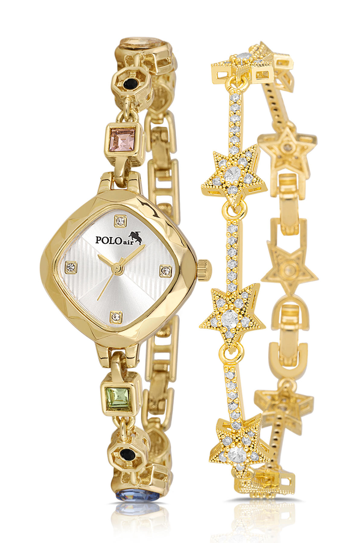 Renkli Taş Kadın Kol Saati Yıldız Bileklik Kombin Gold Renk Pl-1576B1 Altın Pl-1576B1