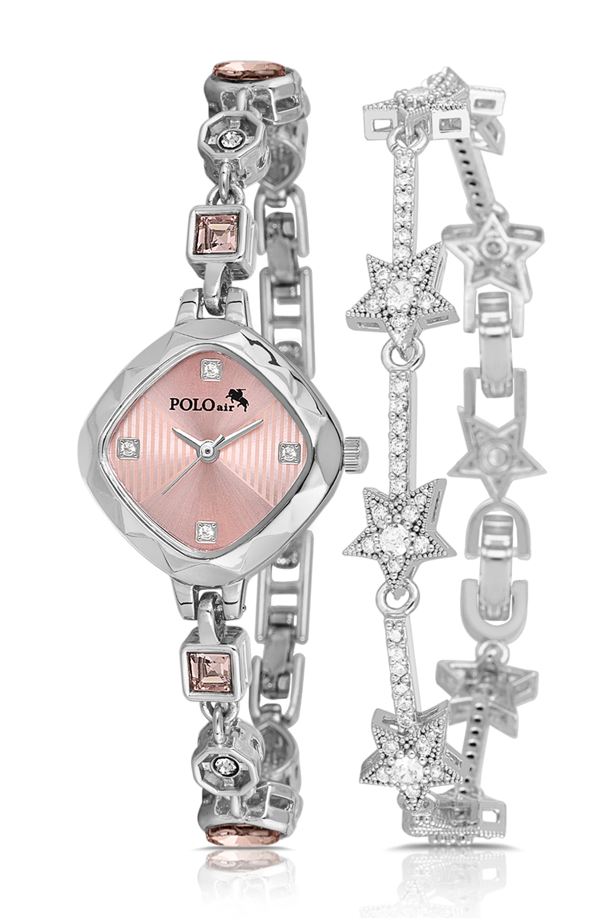 Renkli Taş Kadın Kol Saati Yıldız Bileklik Kombin Gümüş Pembe Renk Pl-1576B2 Pembe Pl-1576B2