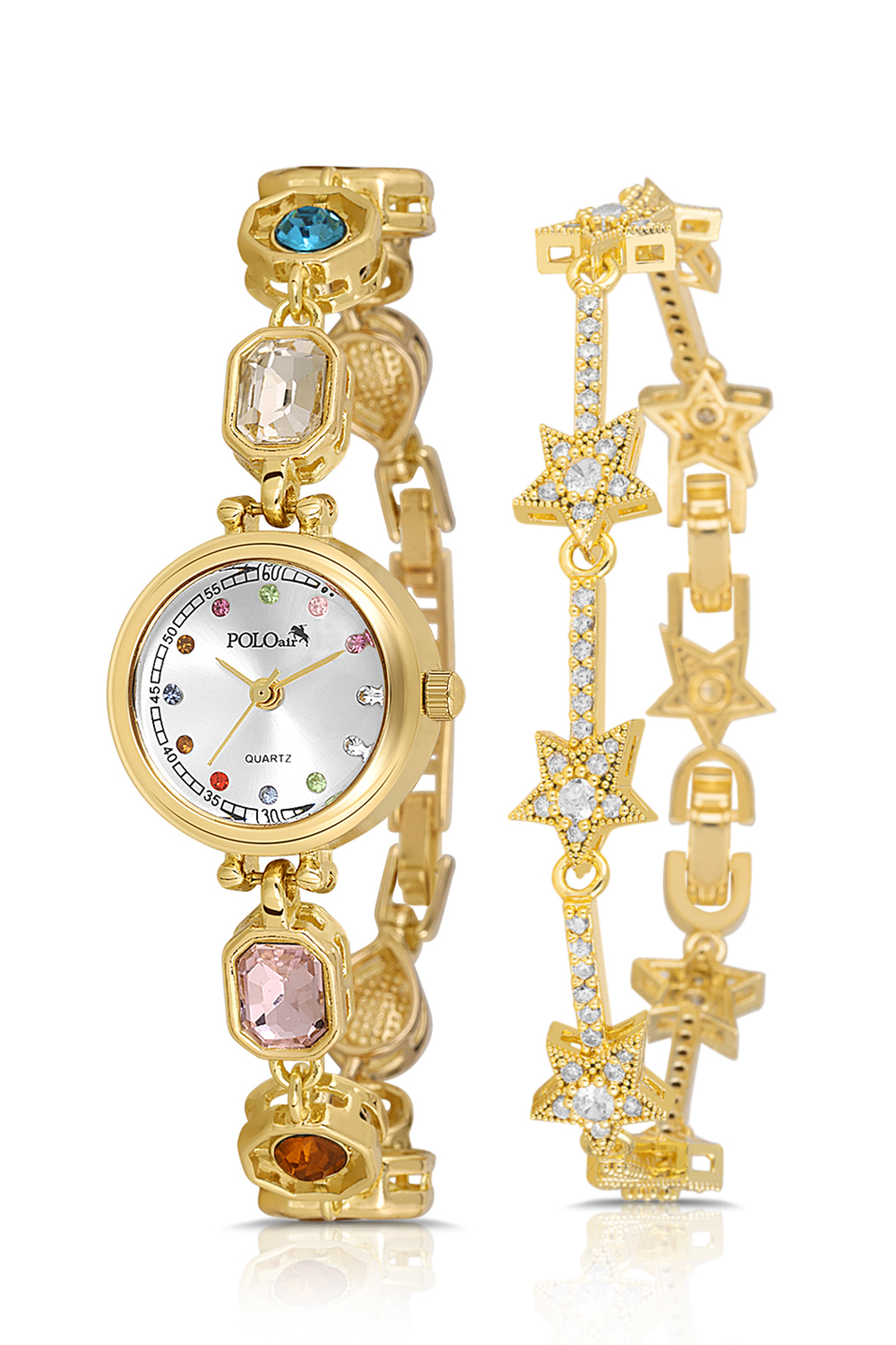 Renkli Taşlı Kadın Kol Saati Yıldız Bileklik Kombin Gold Renk Pl-1577B1 Altın Pl-1577B1