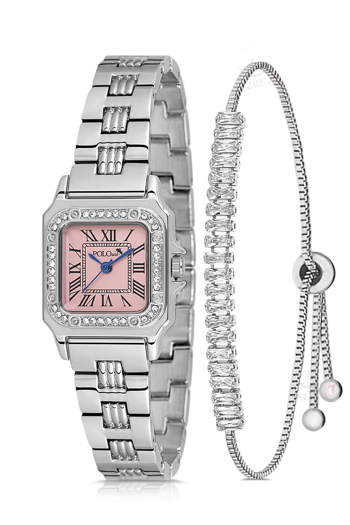 Romen Rakamlı Klasik Kadın Kol Saati Zirkon Taşlı Baget Bileklik Kombin Gümüş Pembe Renk Pl-1565B3 Pembe - Gümüş Pl-1565B3