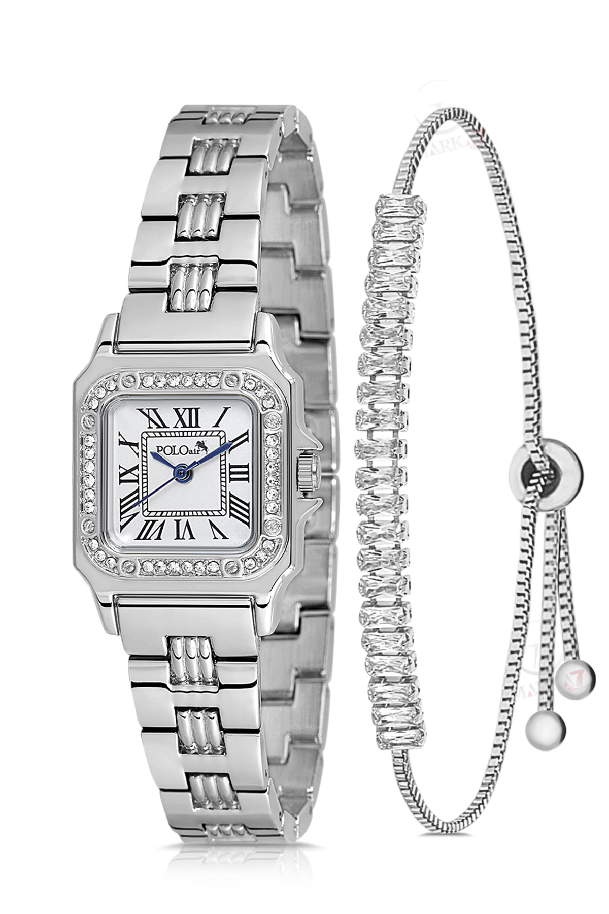 Romen Rakamlı Klasik Kadın Kol Saati Zirkon Taşlı Baget Bileklik Kombin Gümüş Renk Pl-1565B2 Gümüş Pl-1565B2