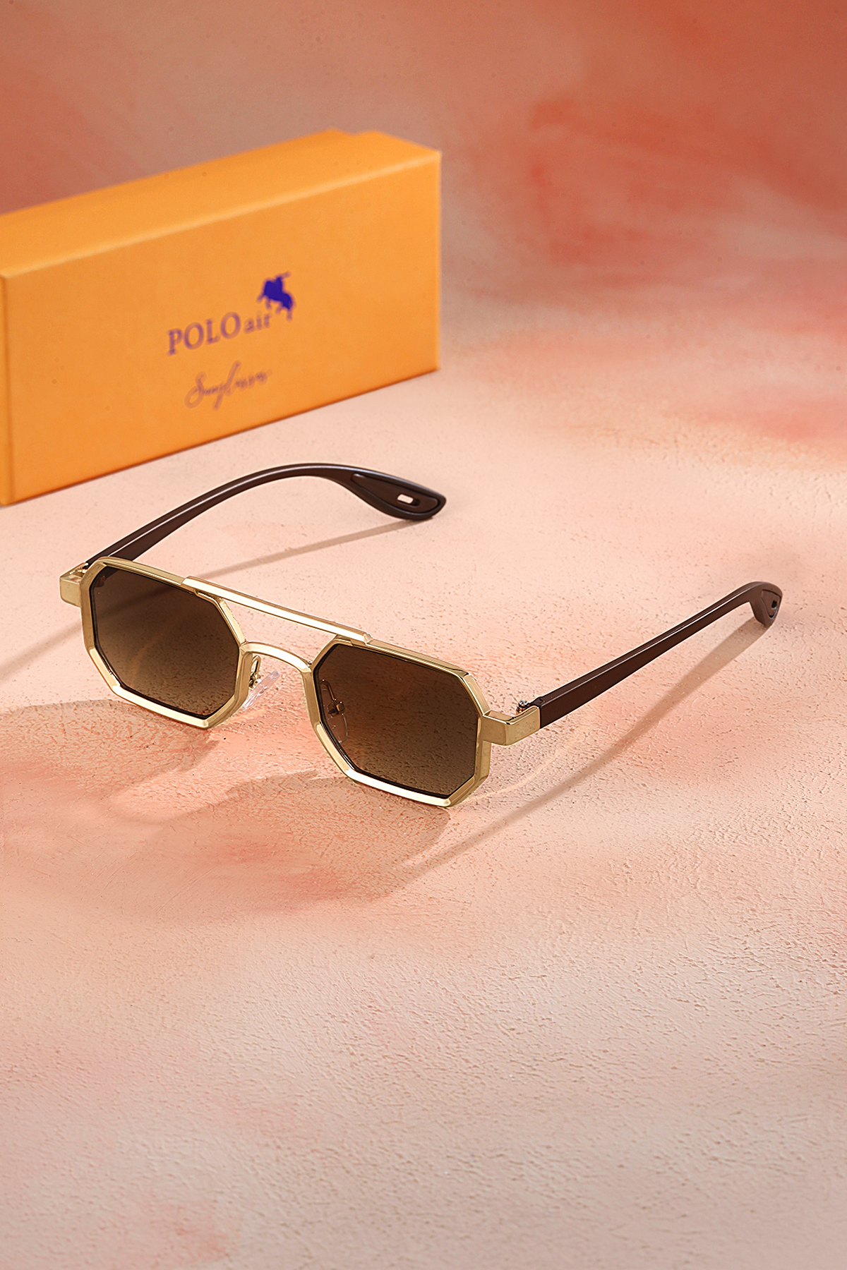 Uv400 Korumalı Metal Çerçeve Plastik Sap Unisex Güneş Gözlük Gold Kahverengi Renk Plg-2102C5 Kahverengi-Gold Plg-2102C5