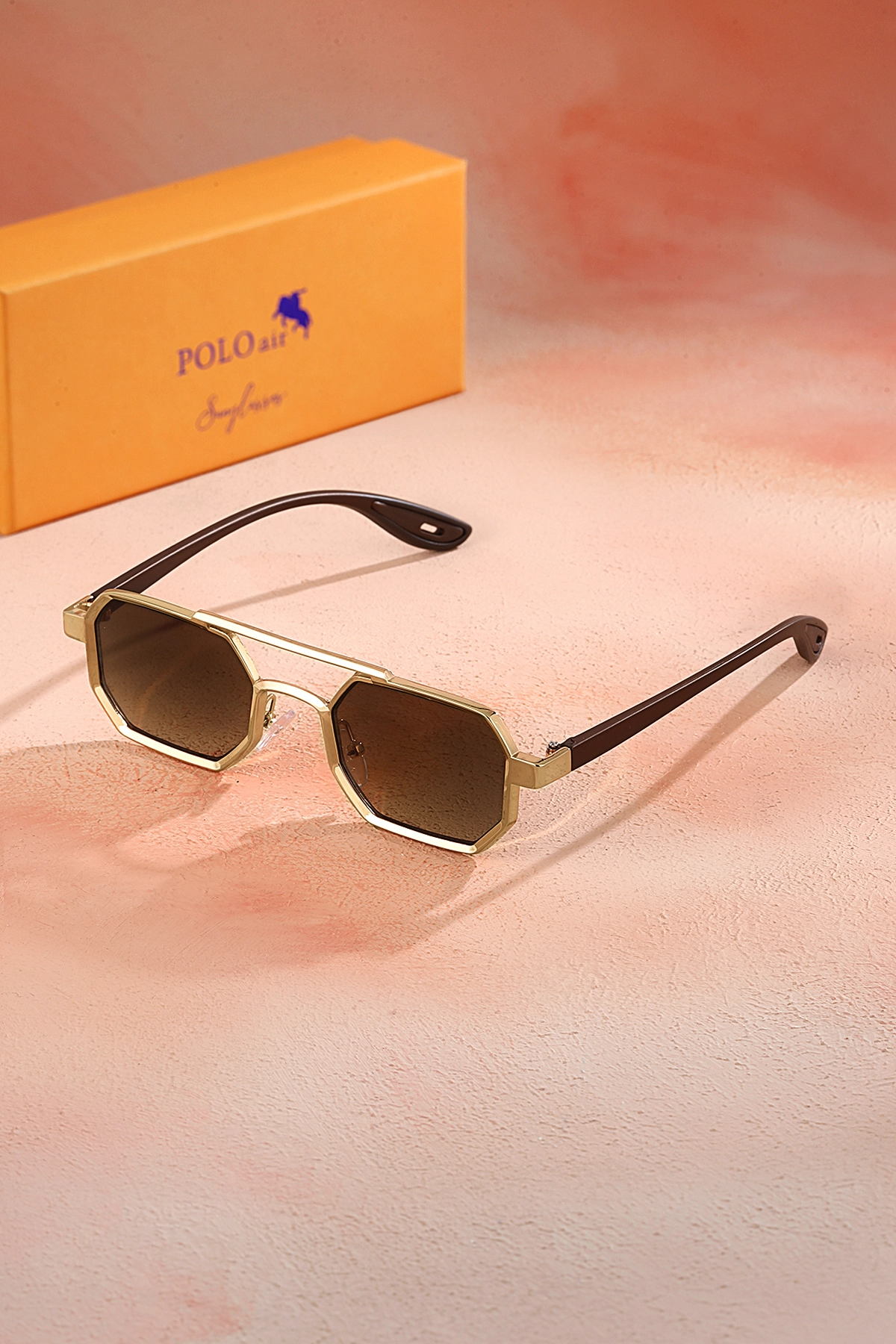 Uv400 Korumalı Metal Çerçeve Plastik Sap Unisex Güneş Gözlük Gold Kahverengi Renk Plg-2102C5 Kahverengi-Gold Plg-2102C5