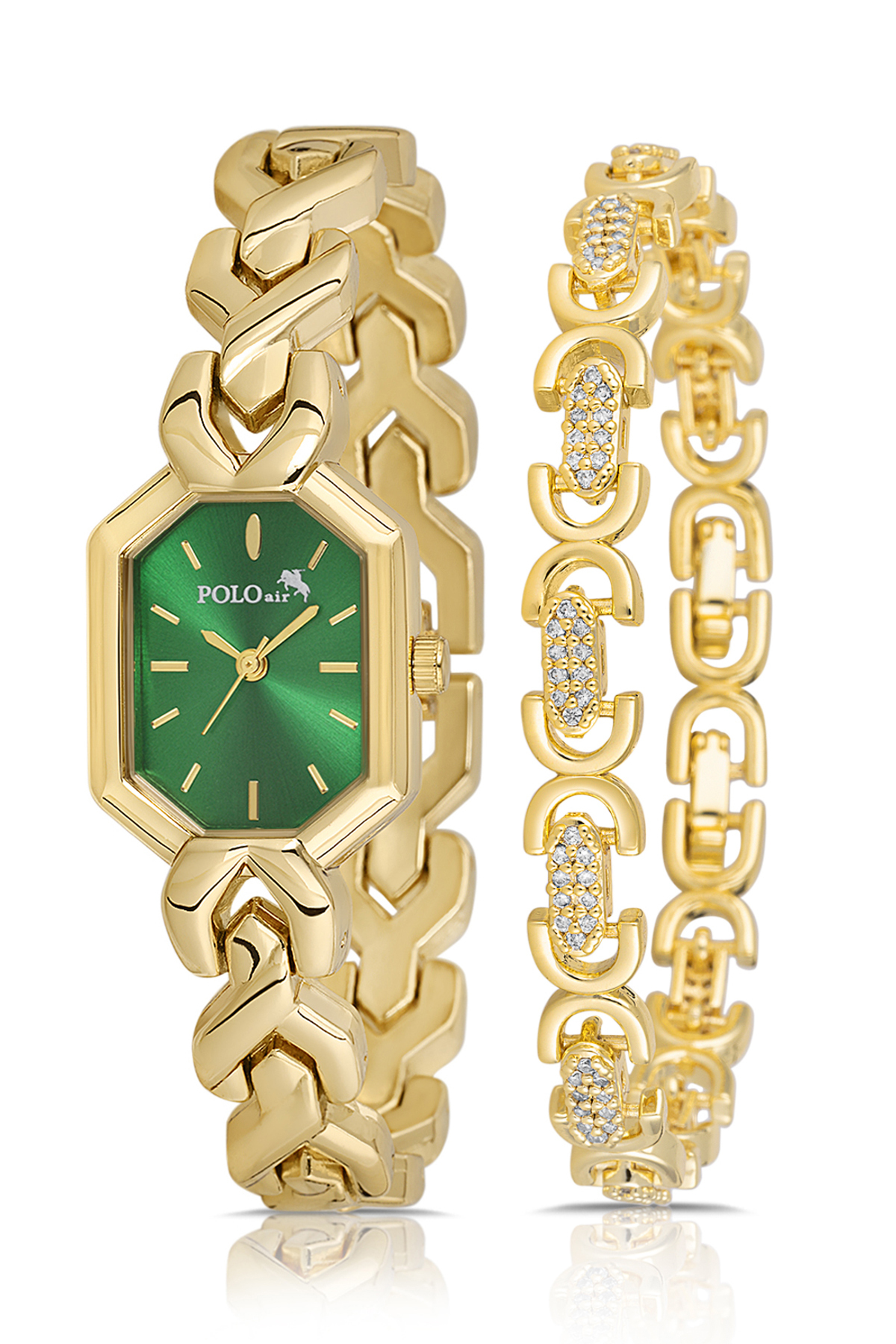 Vintage Kadın Kol Saati Oval Model Bileklik Kombin Gold Yeşil Renk Pl-1564B4 Yeşil - Altın Pl-1564B4