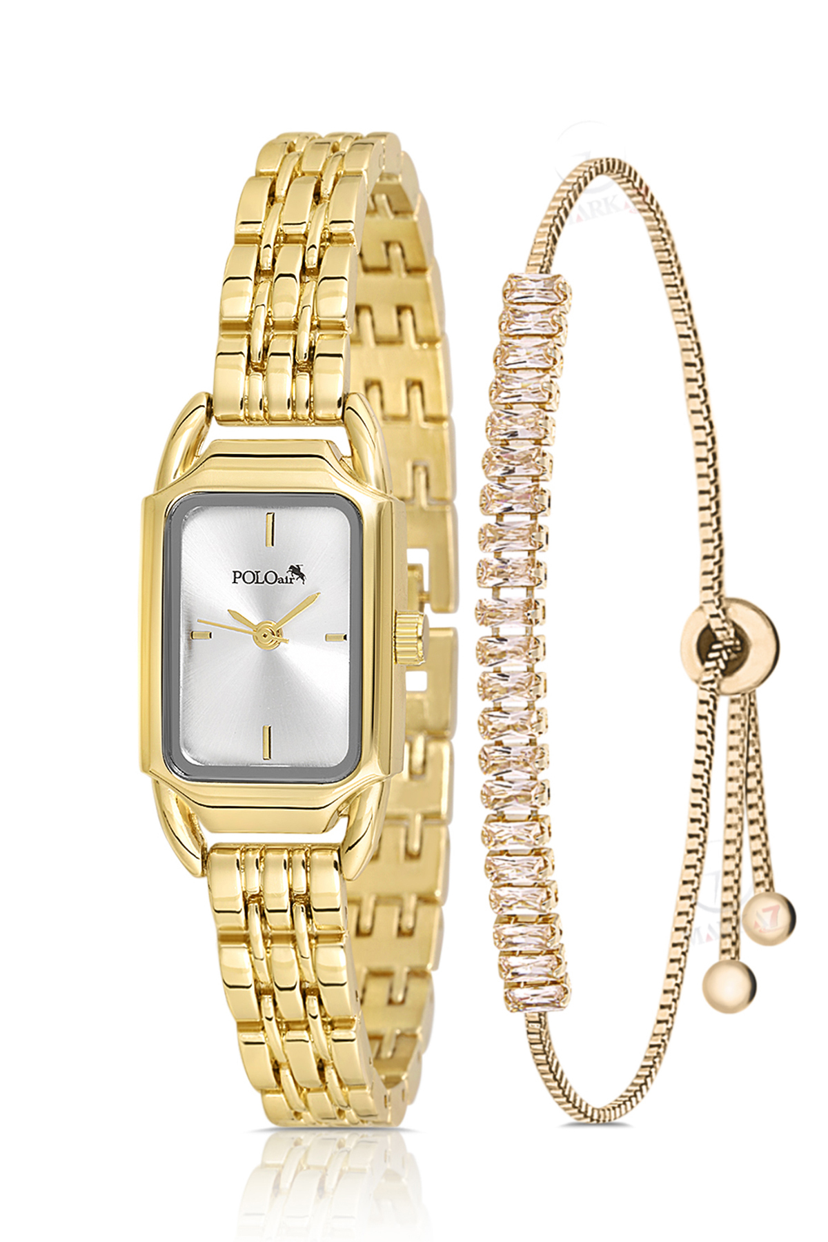 Vintage Kadın Kol Saati Zirkon Taşlı Baget Bileklik Kombin Gold Renk Pl-1563B1 Altın Pl-1563B1