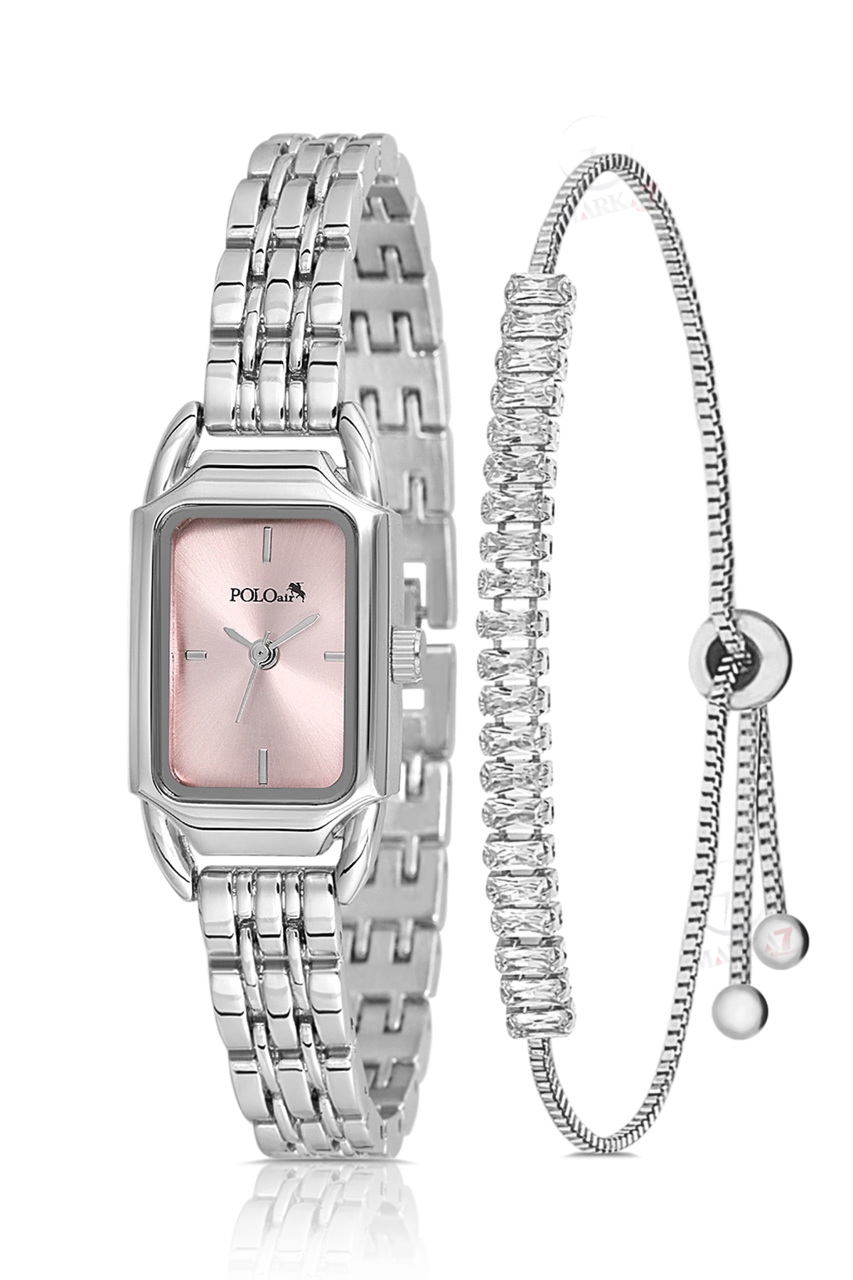 Vintage Kadın Kol Saati Zirkon Taşlı Baget Bileklik Kombin Gümüş Pembe Renk Pl-1563B3 Pembe Pl-1563B3
