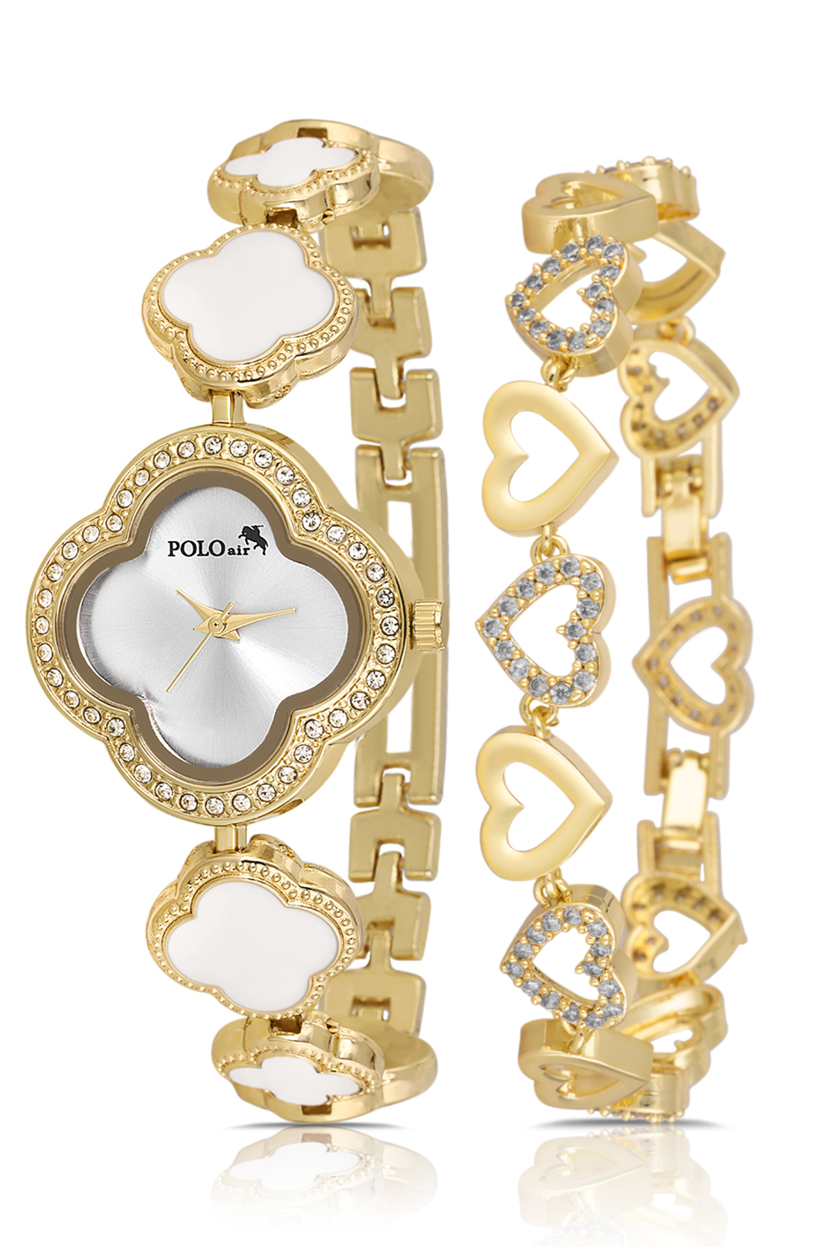 Yonca Desenli Kadın Kol Saati Kalp Bileklik Kombin Gold Beyaz Renk Pl-1559B1 Altın Pl-1559B1