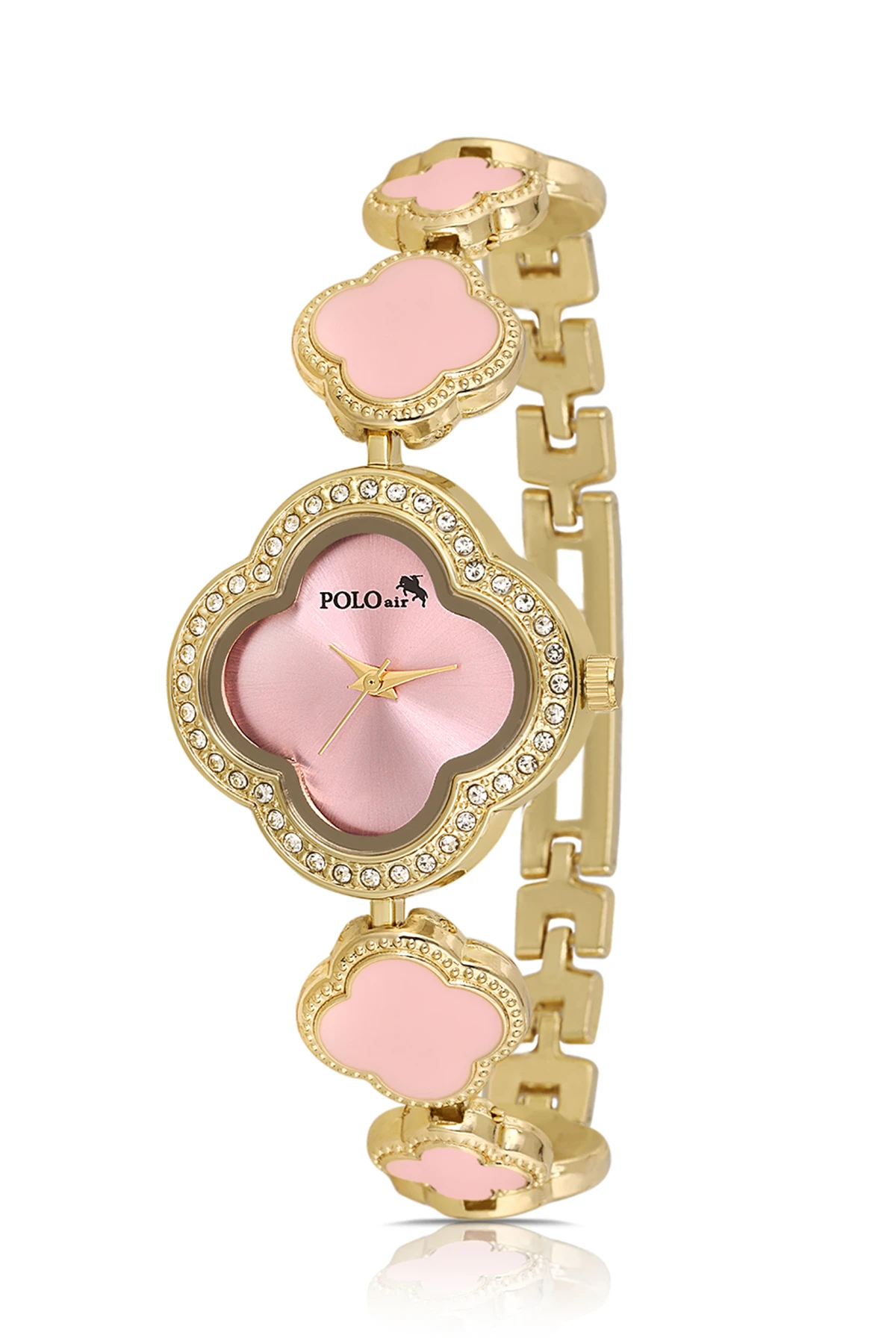 Yonca Desenli Kadın Kol Saati Kalp Bileklik Kombin Gold Pembe Renk Pl-1559B3 Pembe  - Altın Pl-1559B3