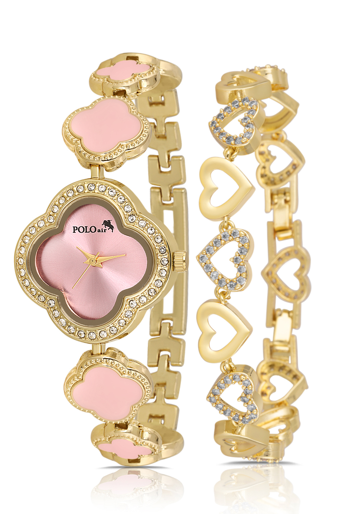 Yonca Desenli Kadın Kol Saati Kalp Bileklik Kombin Gold Pembe Renk Pl-1559B3 Pembe  - Altın Pl-1559B3