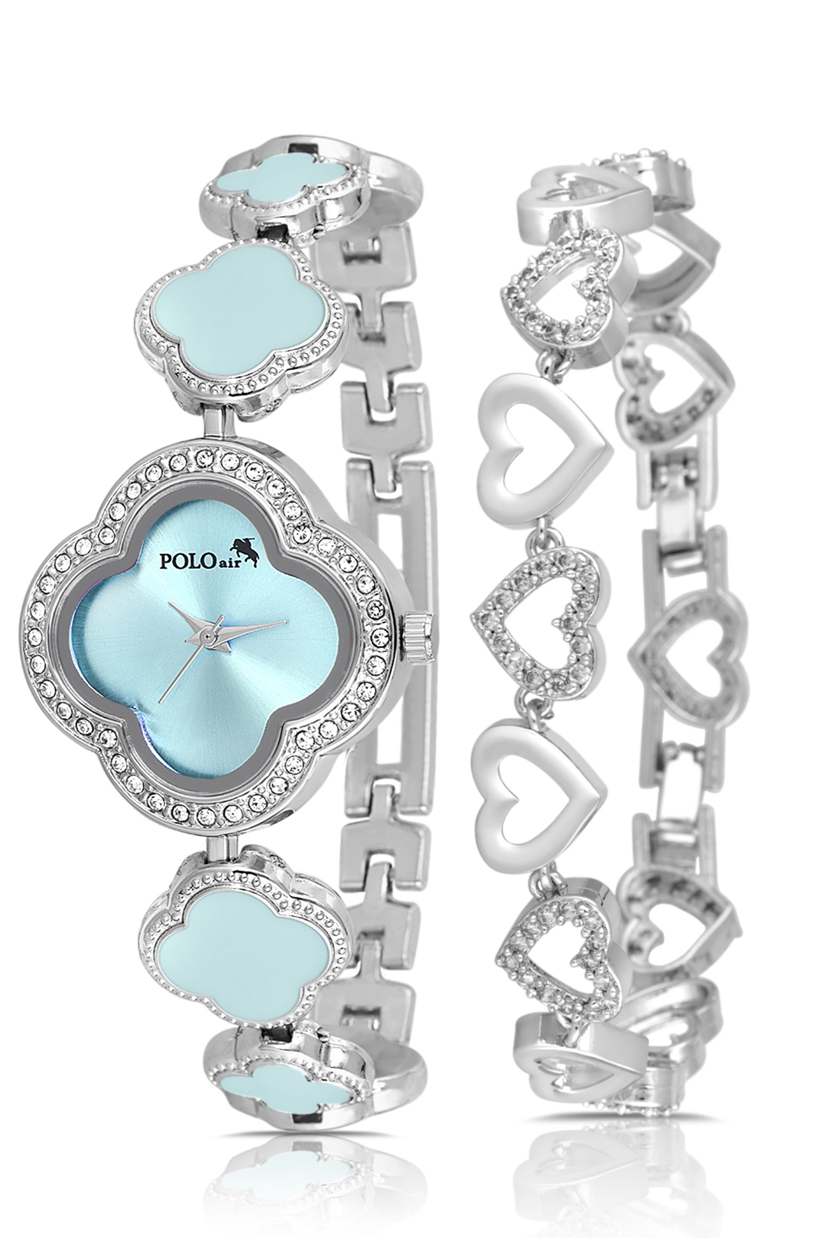 Yonca Desenli Kadın Kol Saati Kalp Bileklik Kombin Gümüş Mavi Renk Pl-1559B5 Mavi Pl-1559B5