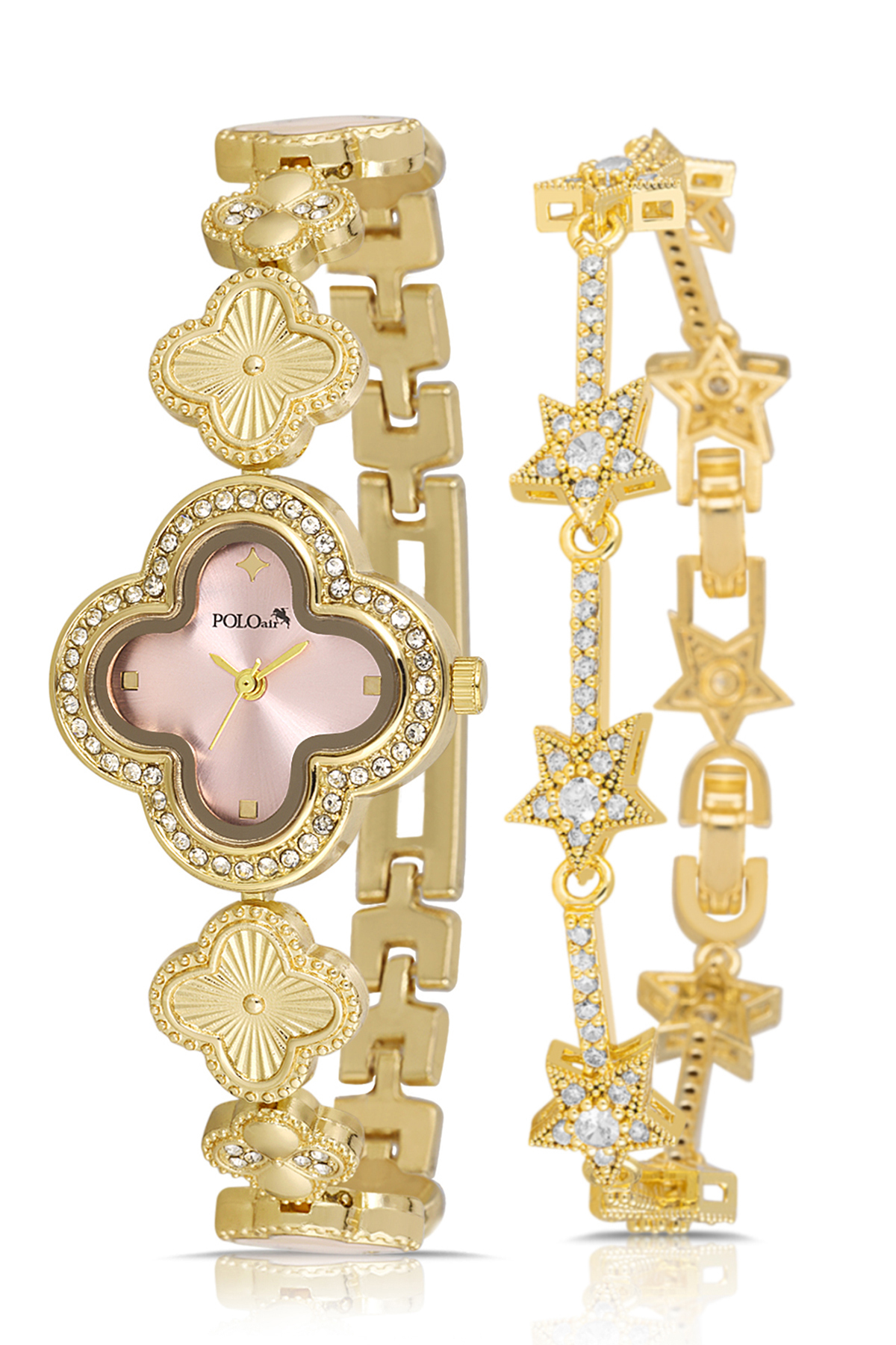 Yonca Desenli Kadın Kol Saati Yıldız Bileklik Kombin Gold Pembe Renk Pl-1560B3 Altın - Pembe Pl-1560B3
