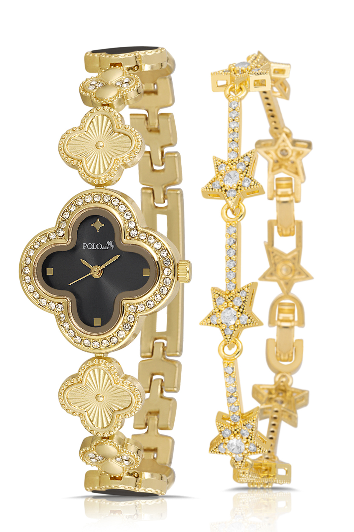 Yonca Desenli Kadın Kol Saati Yıldız Bileklik Kombin Gold Siyah Renk Pl-1560B5 Altın Pl-1560B5