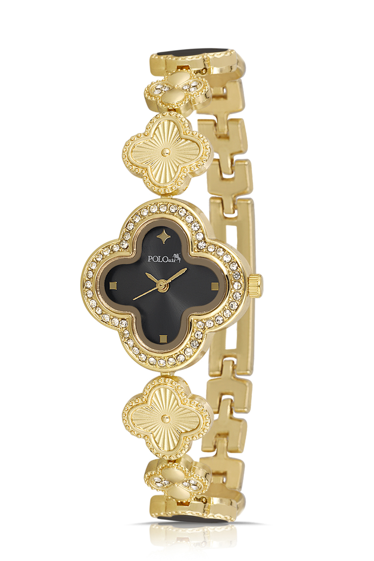 Yonca Desenli Kadın Kol Saati Yıldız Bileklik Kombin Gold Siyah Renk Pl-1560B5 Altın Pl-1560B5