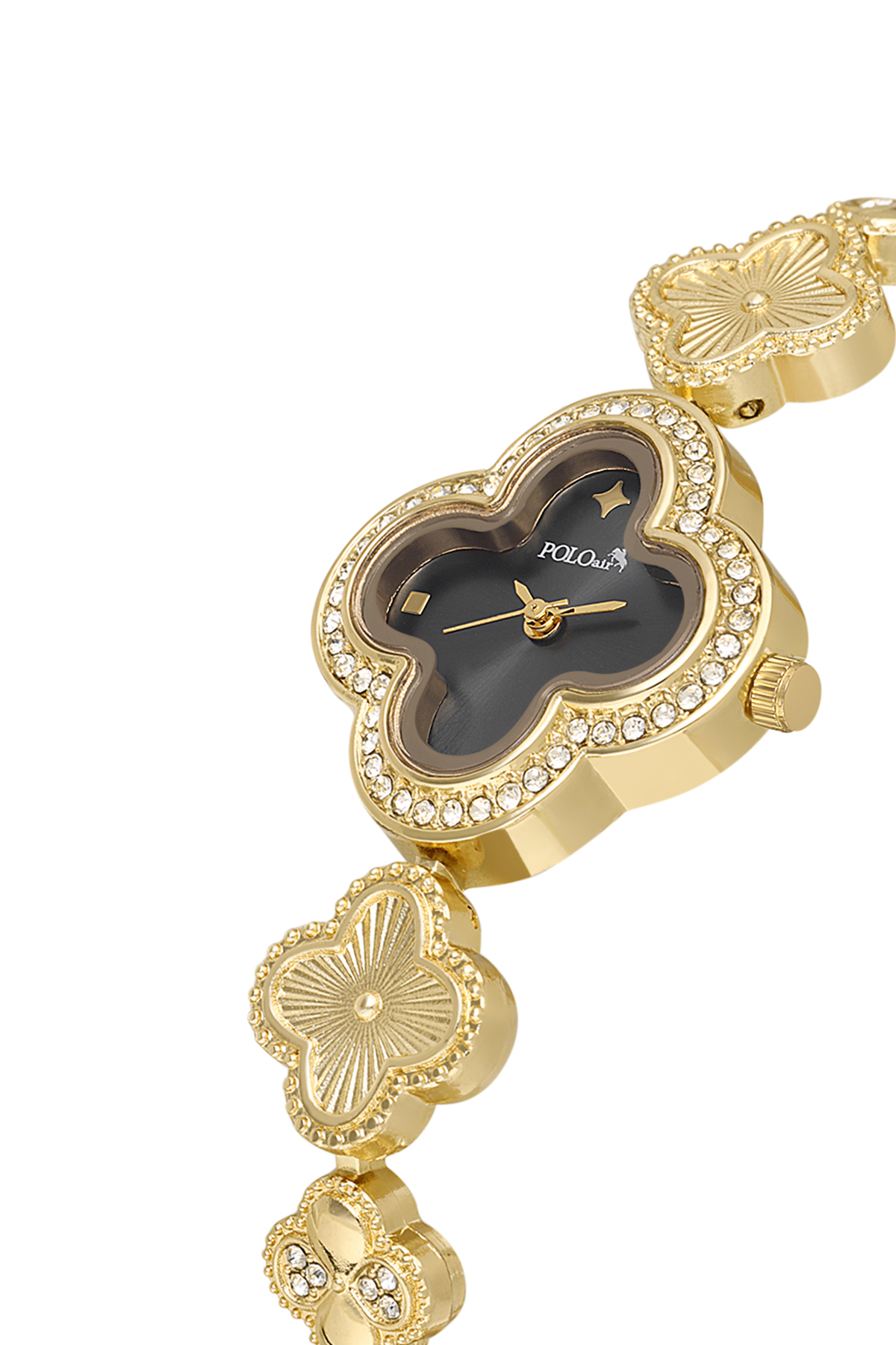 Yonca Desenli Kadın Kol Saati Yıldız Bileklik Kombin Gold Siyah Renk Pl-1560B5 Altın Pl-1560B5