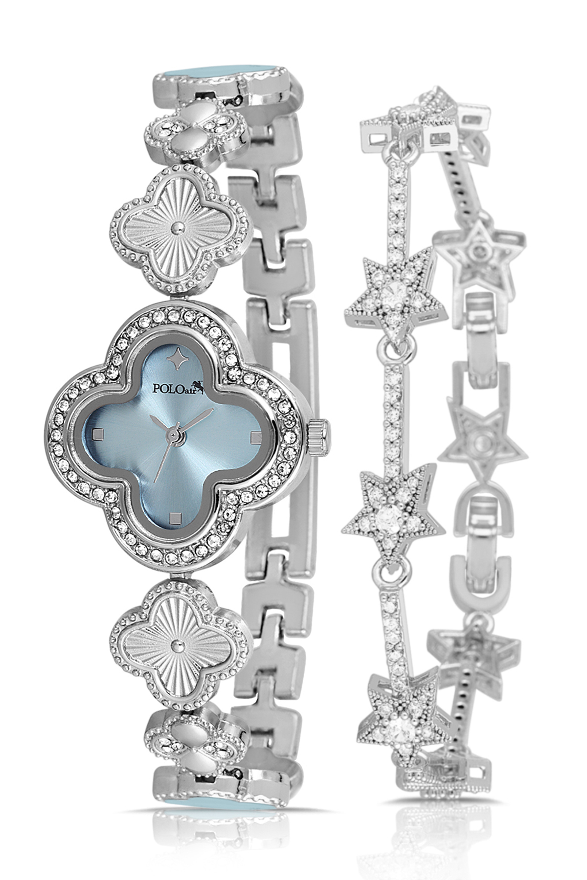 Yonca Desenli Kadın Kol Saati Yıldız Bileklik Kombin Gümüş Mavi Renk Pl-1560B4 Mavi Pl-1560B4