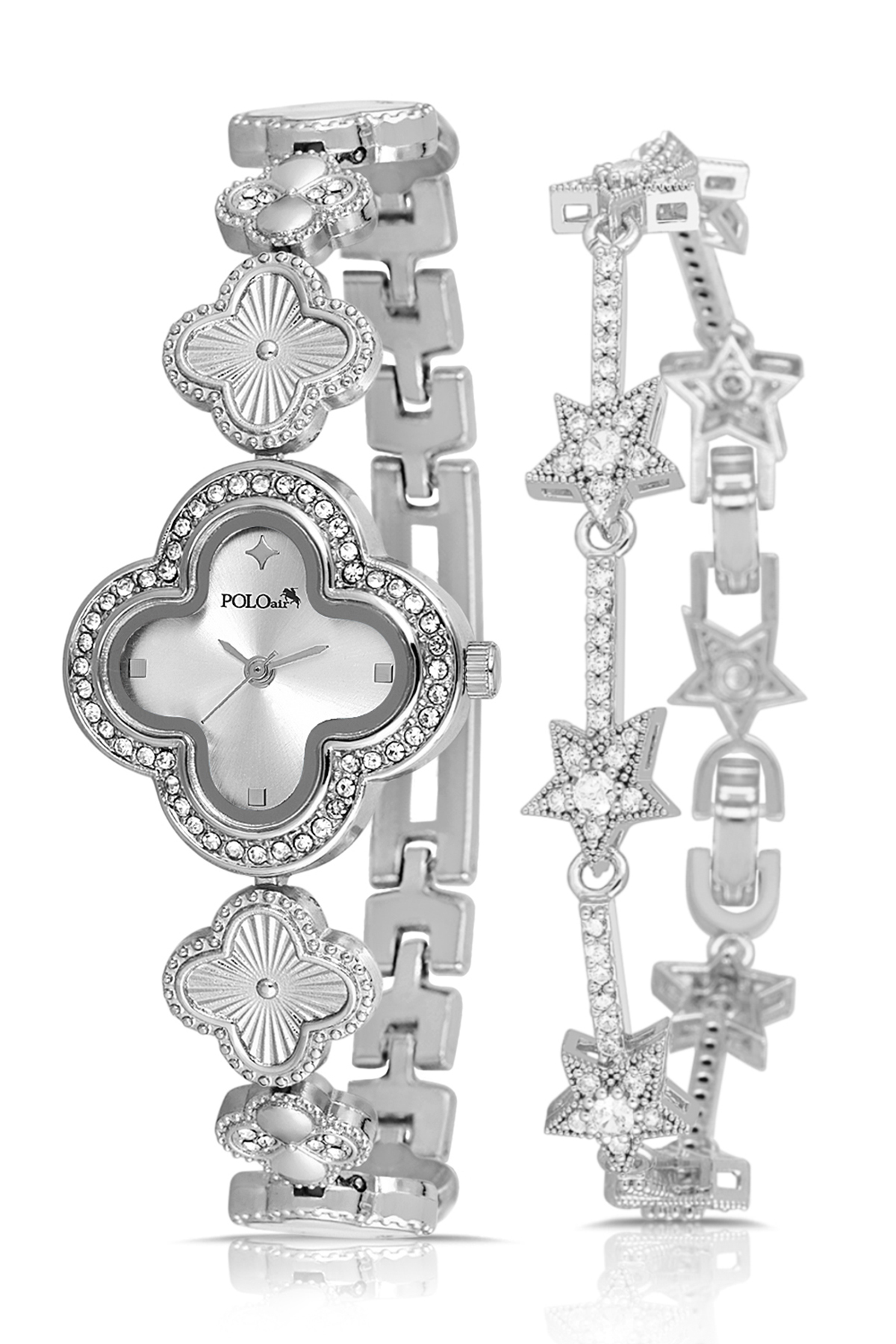 Yonca Desenli Kadın Kol Saati Yıldız Bileklik Kombin Gümüş Renk Pl-1560B2 Gümüş Pl-1560B2