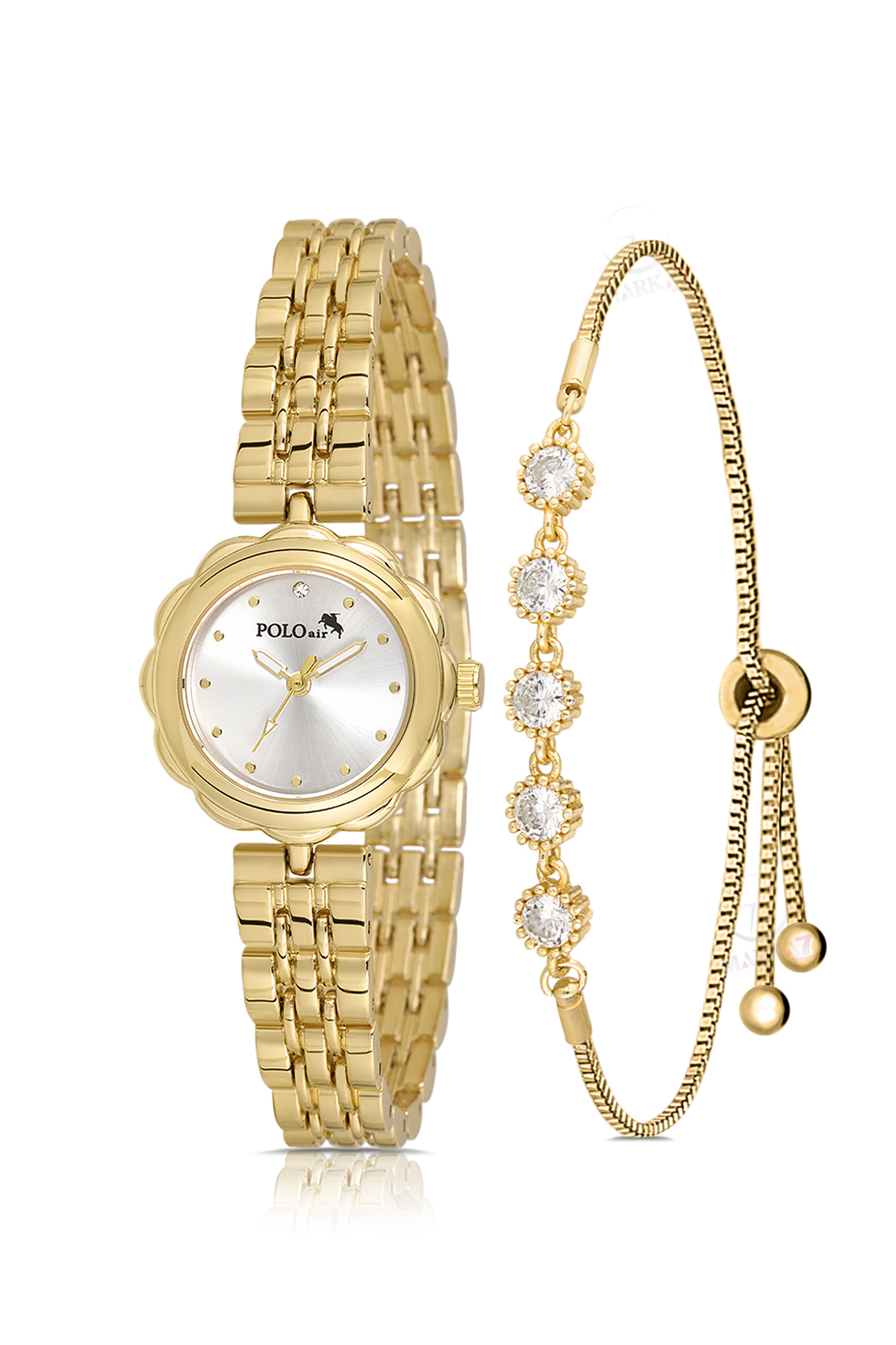 Zarif Çiçek Kasa Kadın Kol Saati 5 Taş Bileklik Kombin Gold Renk Pl-1561B1 Altın Pl-1561B1