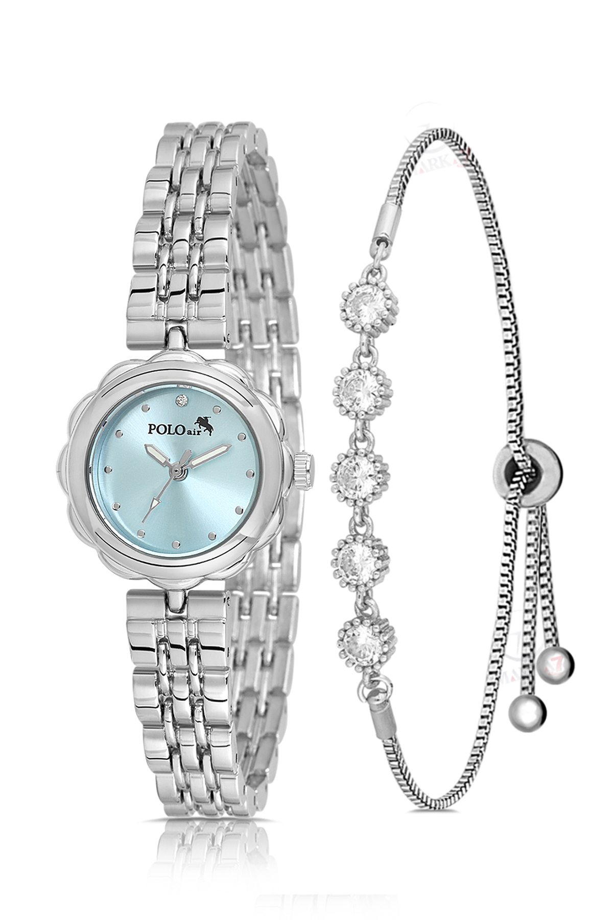 Zarif Çiçek Kasa Kadın Kol Saati 5 Taş Bileklik Kombin Gümüş Mavi Renk Pl-1561B4 Mavi - Gümüş Pl-1561B4