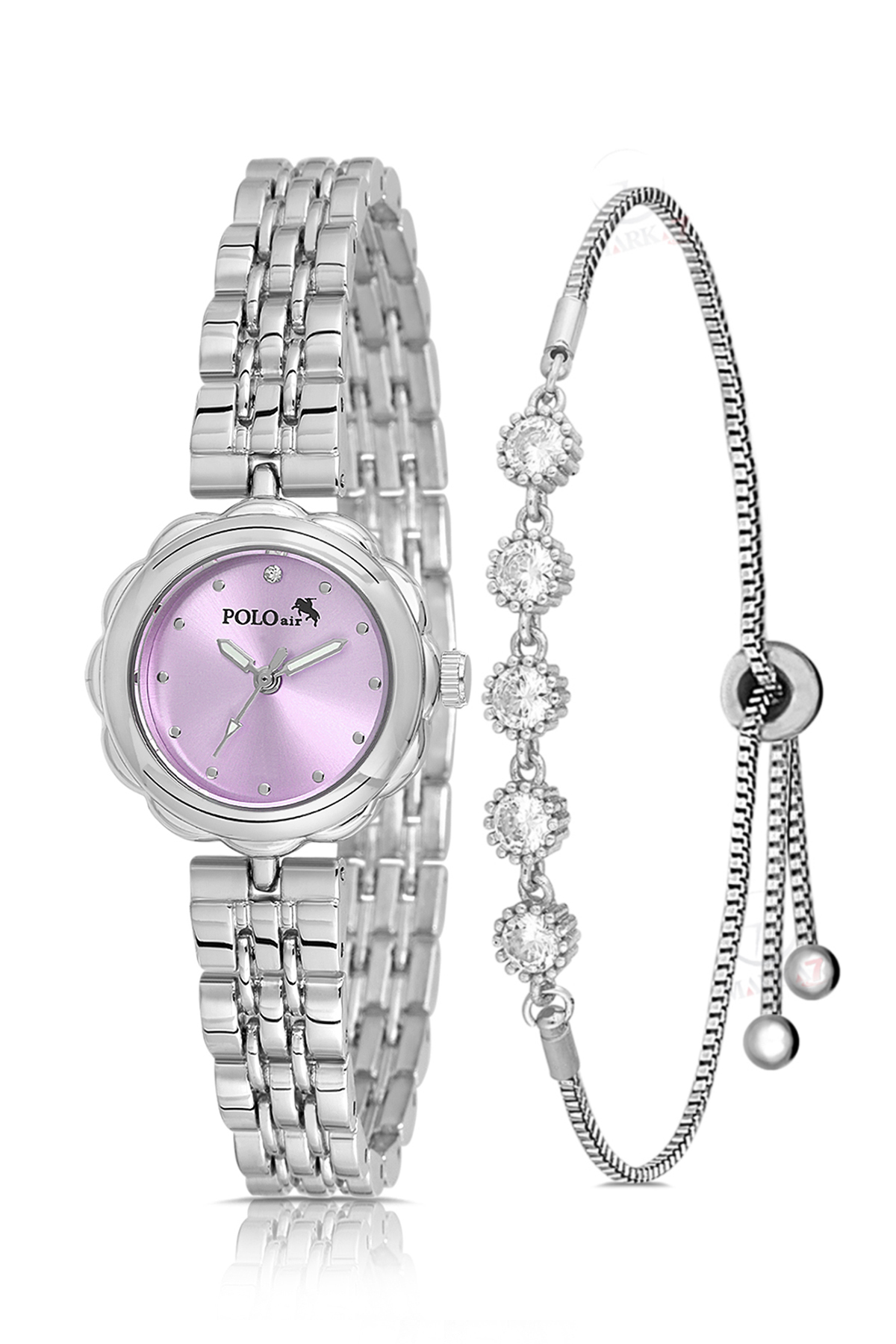 Zarif Çiçek Kasa Kadın Kol Saati 5 Taş Bileklik Kombin Gümüş Mor Renk Pl-1561B5 Mor Pl-1561B5