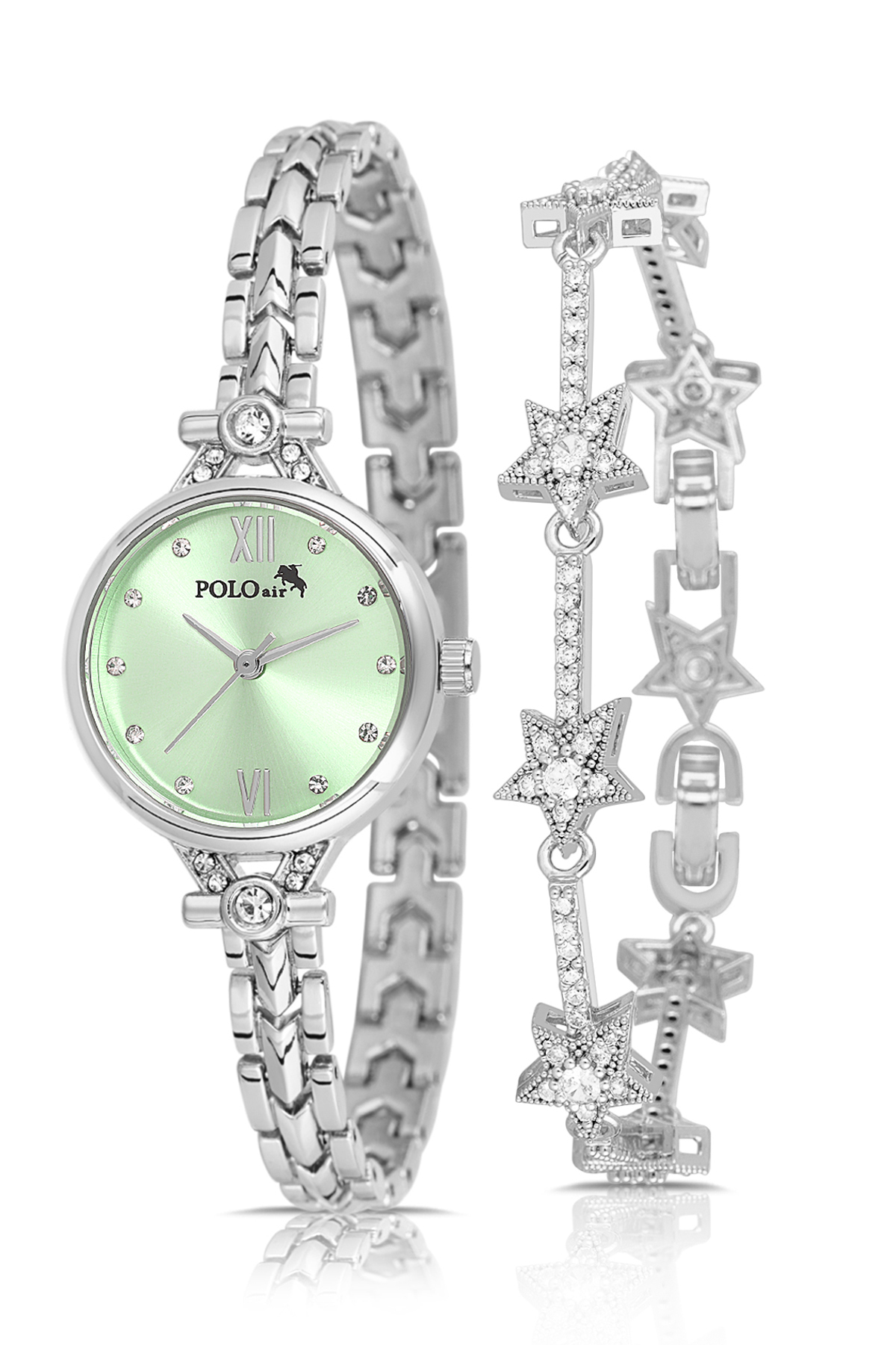 Zarif Kadın Kol Saati Yıldız Bileklik Kombin Gümüş Yeşil Renk Pl-1557B4 Yeşil Pl-1557B4