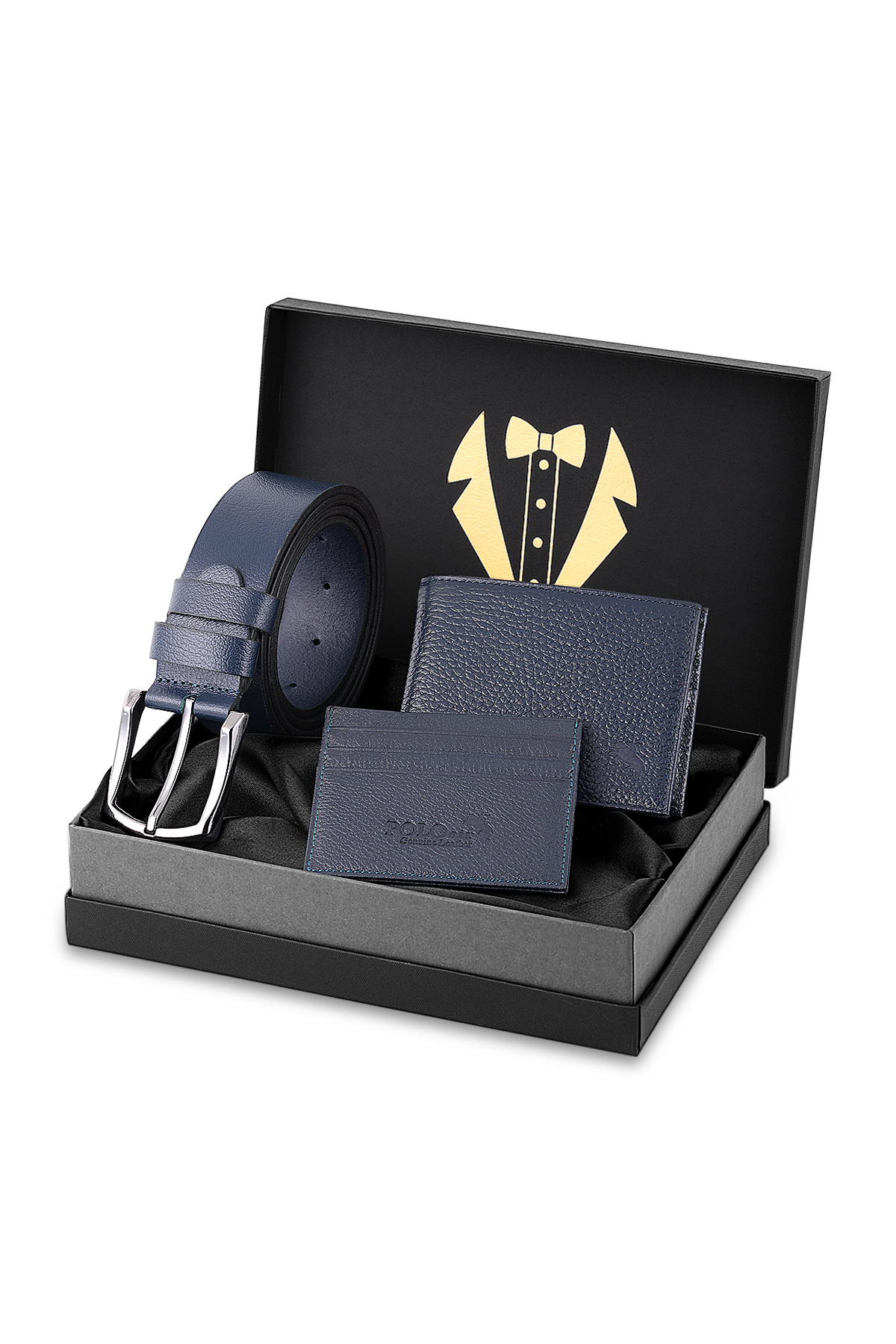 Erkek Damat Çeyiz Bohçası %100 Hakiki Deri Cüzdan Kartlık Kemer Seti Lacivert Renk Dm-8002-L Lacivert Dm-8002-L