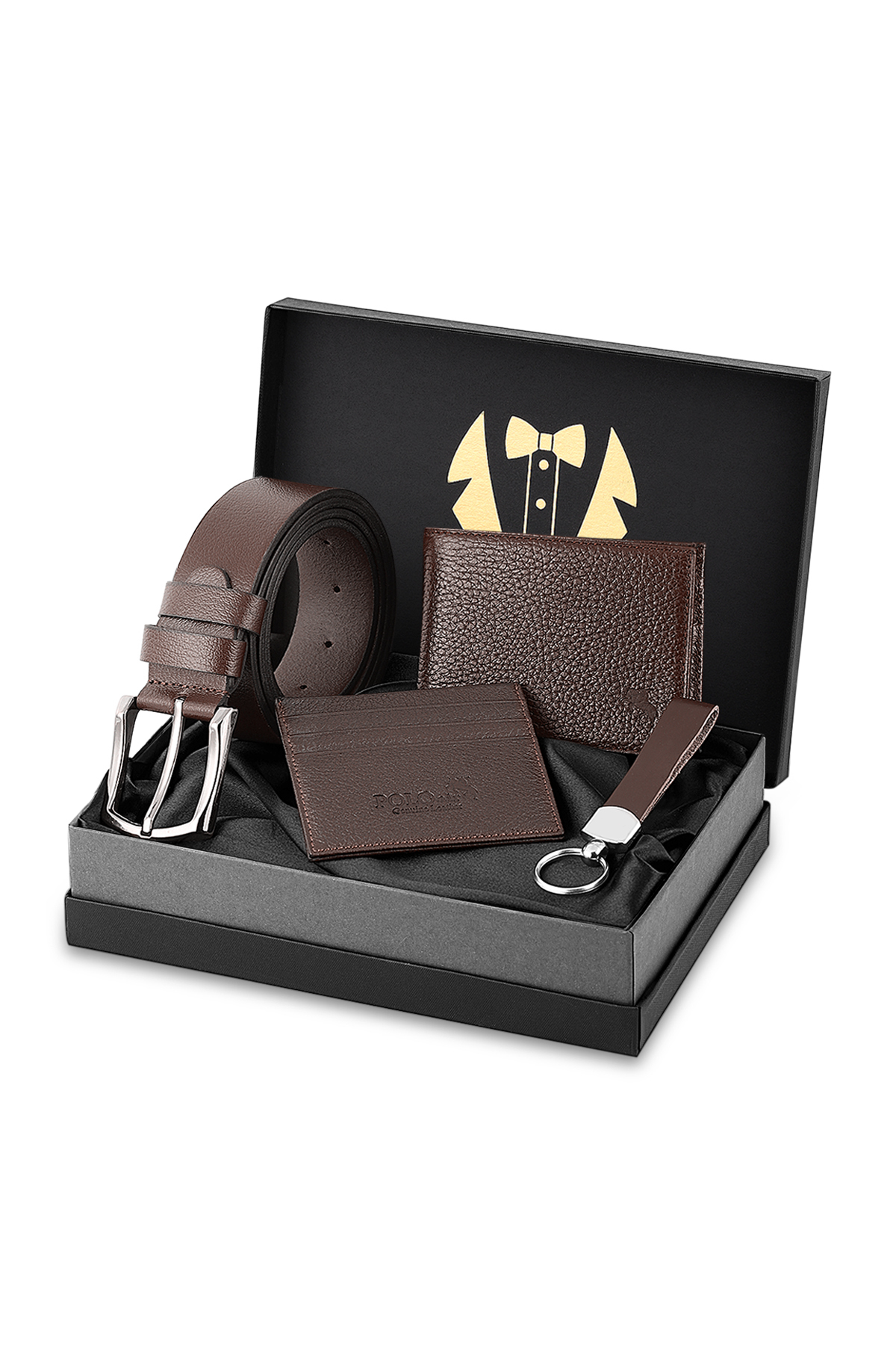 Erkek Damat Seti %100 Hakiki Deri Cüzdan Kartlık Kemer Anahtarlık Kombin Kahverengi Renk H-Dm-8002-K Kahverengi H-Dm-8002-K