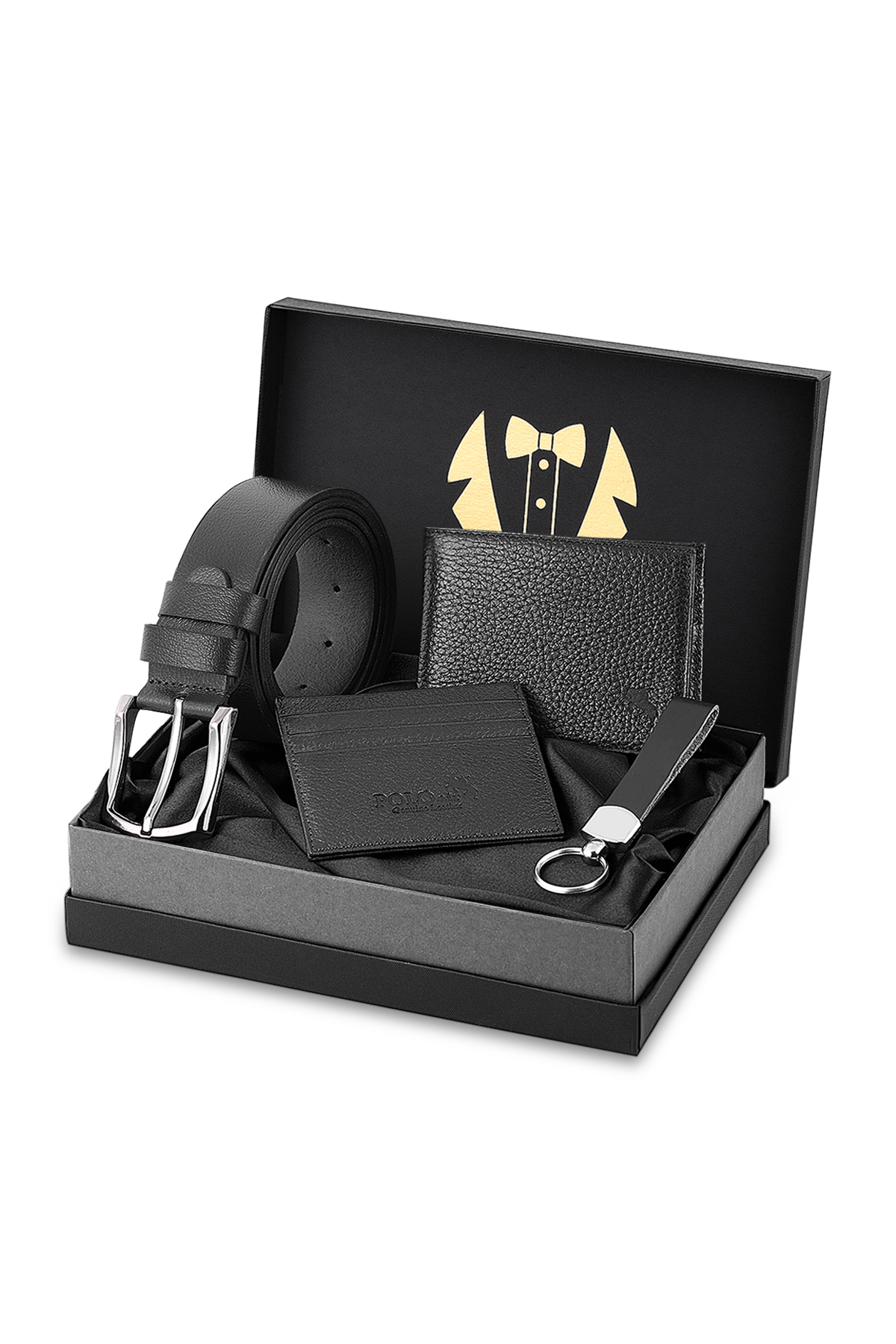 Erkek Damat Seti %100 Hakiki Deri Cüzdan Kartlık Kemer Anahtarlık Kombin Siyah Renk H-Dm-8002-S Siyah H-Dm-8002-S