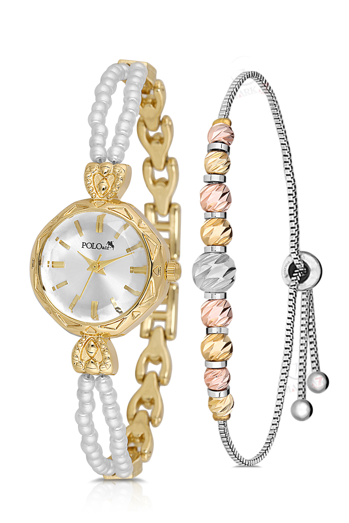 İki Inci Taşlı Görünümlü Kordon Kadın Kol Saati Dorika Bileklik Kombin Beyaz Gold Renk Pl-1531B1 Sarı Pl-1531B1