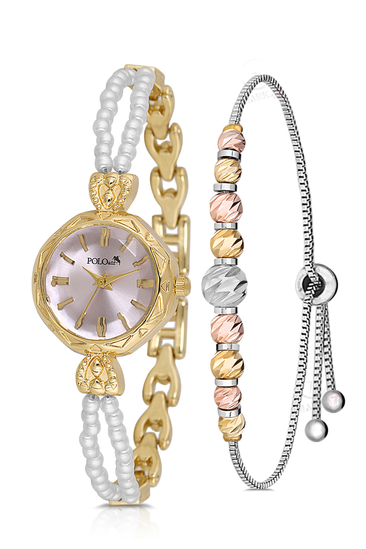 İki Inci Taşlı Görünümlü Kordon Kadın Kol Saati Dorika Bileklik Kombin Gold Lila Renk Pl-1531B7 Mor Pl-1531B7