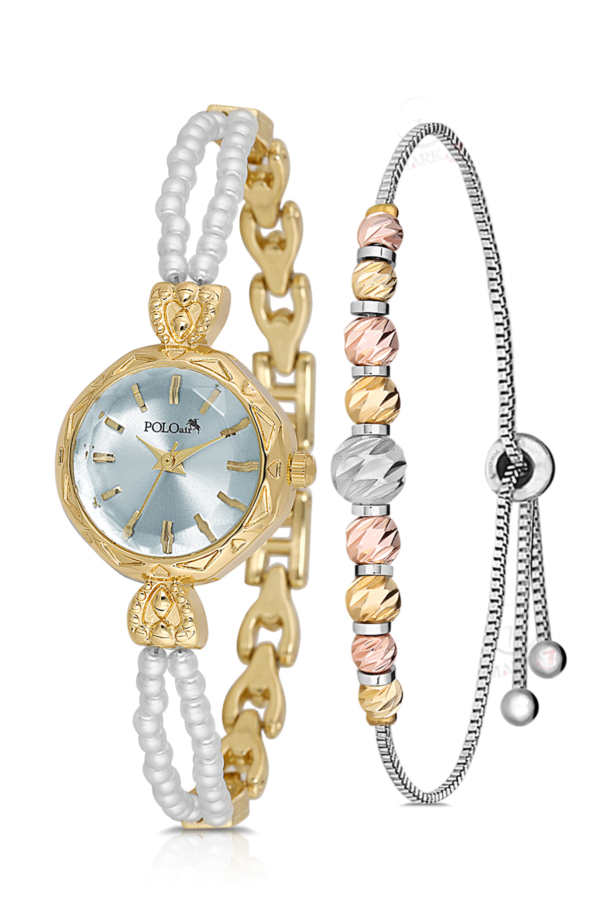 İki Inci Taşlı Görünümlü Kordon Kadın Kol Saati Dorika Bileklik Kombin Gold Mavi Renk Pl-1531B8 Mavi-Gold-Beyaz Pl-1531B8