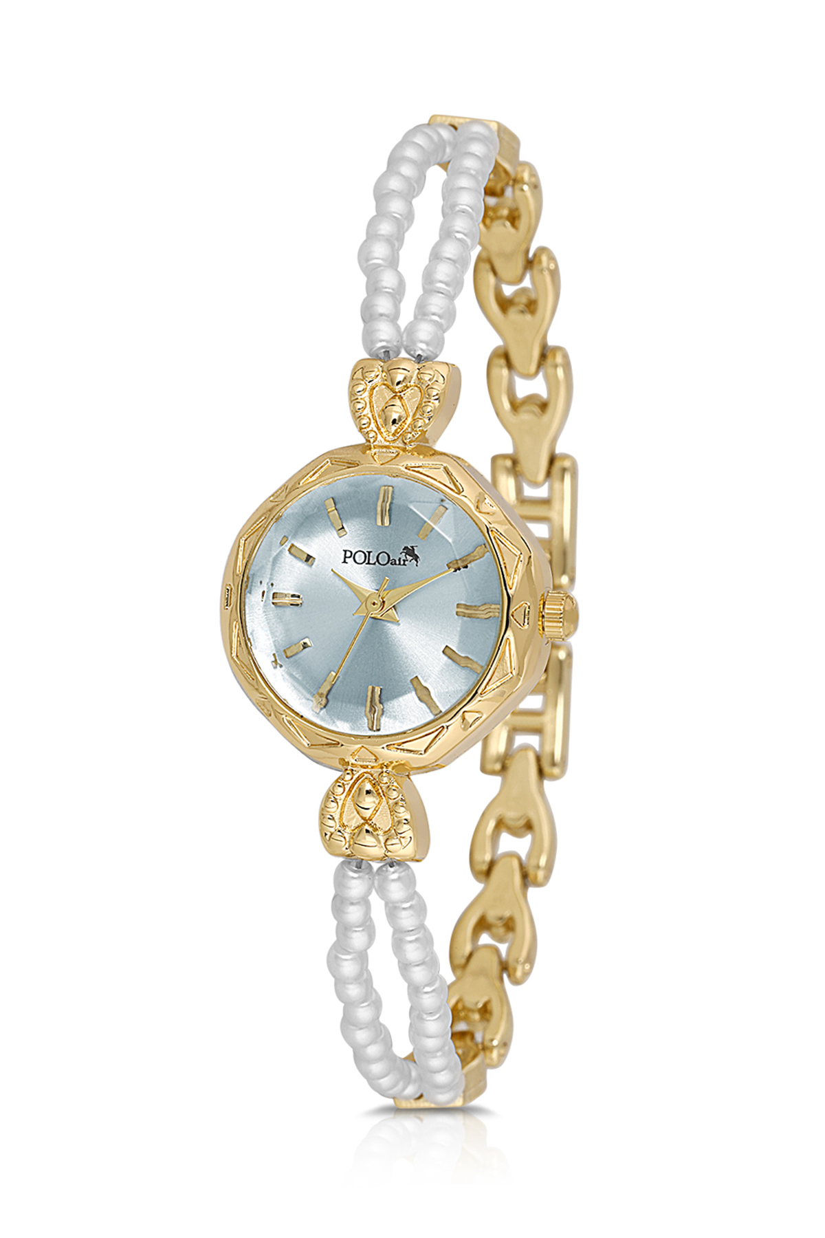 İki Inci Taşlı Görünümlü Kordon Kadın Kol Saati Dorika Bileklik Kombin Gold Mavi Renk Pl-1531B8 Mavi-Gold-Beyaz Pl-1531B8