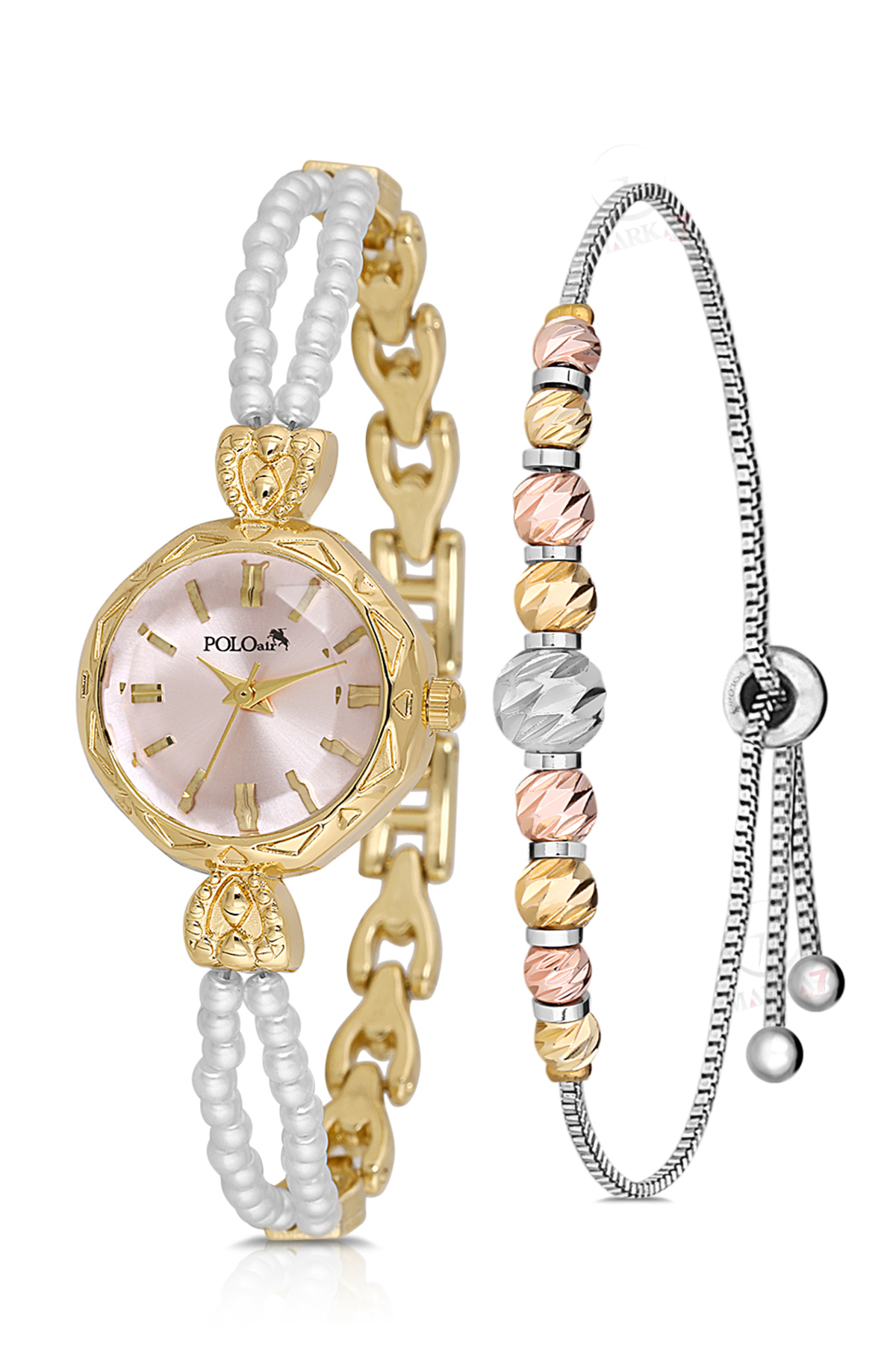 İki Inci Taşlı Görünümlü Kordon Kadın Kol Saati Dorika Bileklik Kombin Gold Pembe Renk Pl-1531B6 Pembe Pl-1531B6