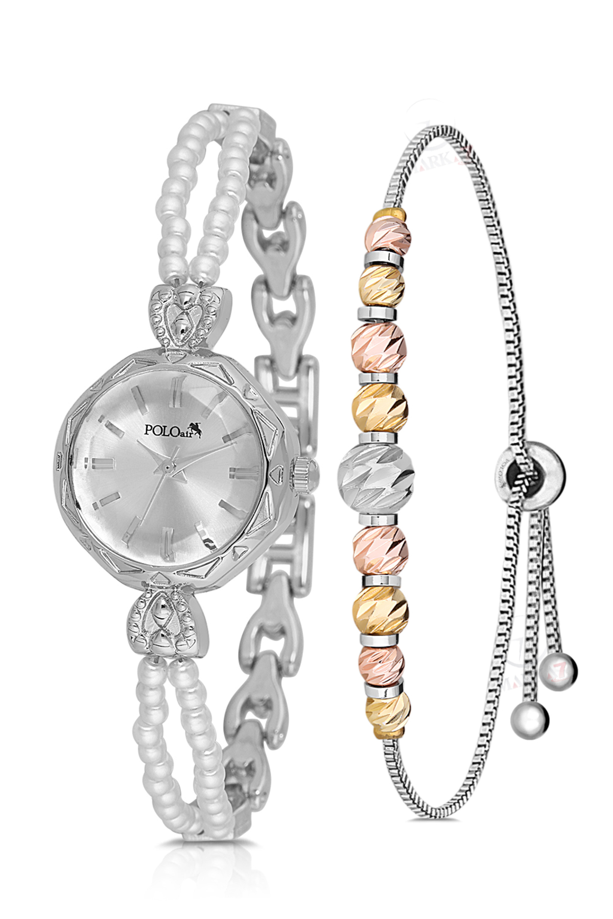 İki Inci Taşlı Görünümlü Kordon Kadın Kol Saati Dorika Bileklik Kombin Gümüş Beyaz Renk Pl-1531B2 Gri Pl-1531B2