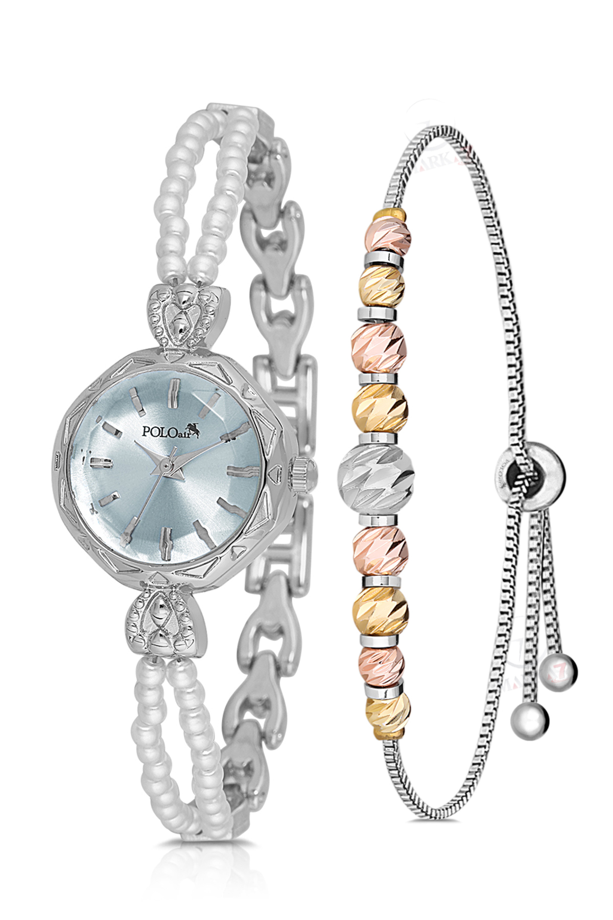 İki Inci Taşlı Görünümlü Kordon Kadın Kol Saati Dorika Bileklik Kombin Gümüş Mavi Renk Pl-1531B5 Mavi Pl-1531B5