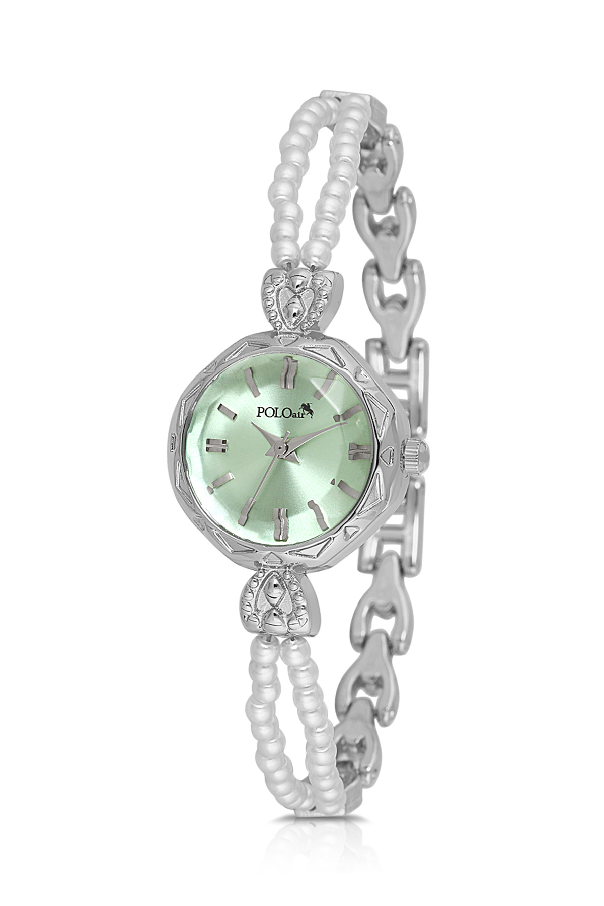 İki Inci Taşlı Görünümlü Kordon Kadın Kol Saati Dorika Bileklik Kombin Gümüş Yeşil Renk Pl-1531B3 Yeşil Pl-1531B3