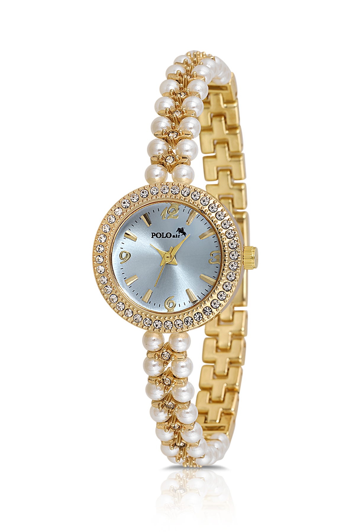 İnci Taşlı Görünümlü Kadın Kol Saati Zirkon Taşlı 5 Taş Bileklik Kombin Gold Mavi Renk Pl-1528B7 Mavi Pl-1528B7