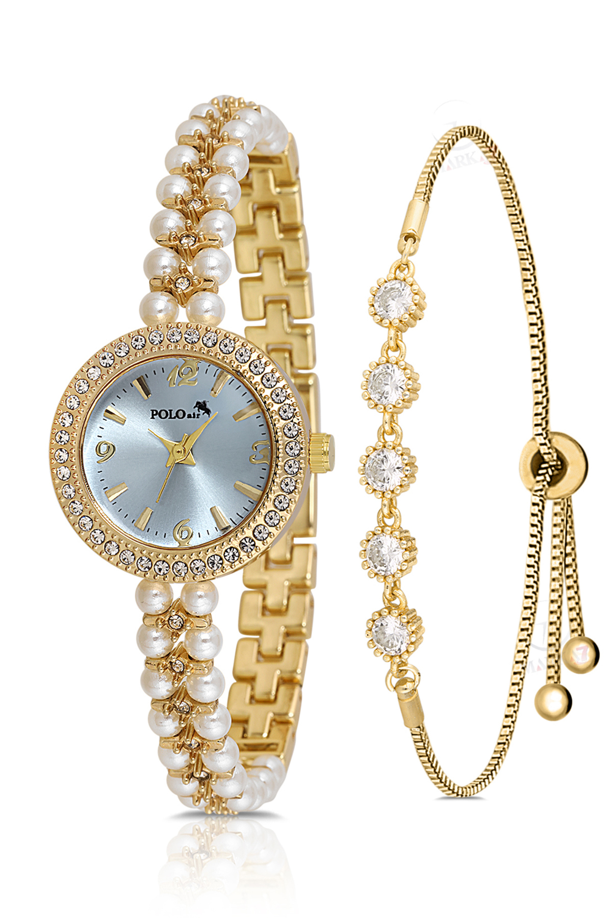 İnci Taşlı Görünümlü Kadın Kol Saati Zirkon Taşlı 5 Taş Bileklik Kombin Gold Mavi Renk Pl-1528B7 Mavi Pl-1528B7