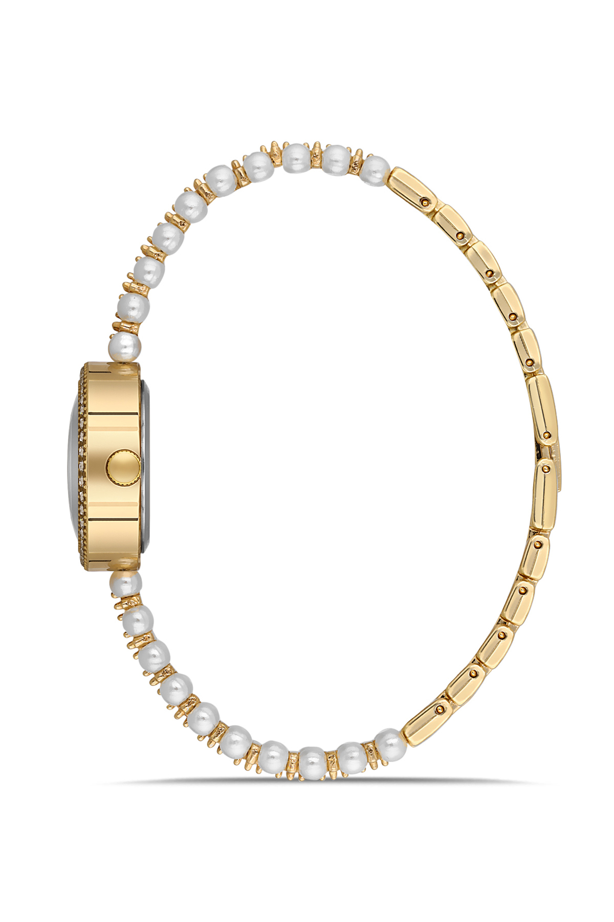 İnci Taşlı Görünümlü Kadın Kol Saati Zirkon Taşlı 5 Taş Bileklik Kombin Gold Mavi Renk Pl-1528B7 Mavi Pl-1528B7