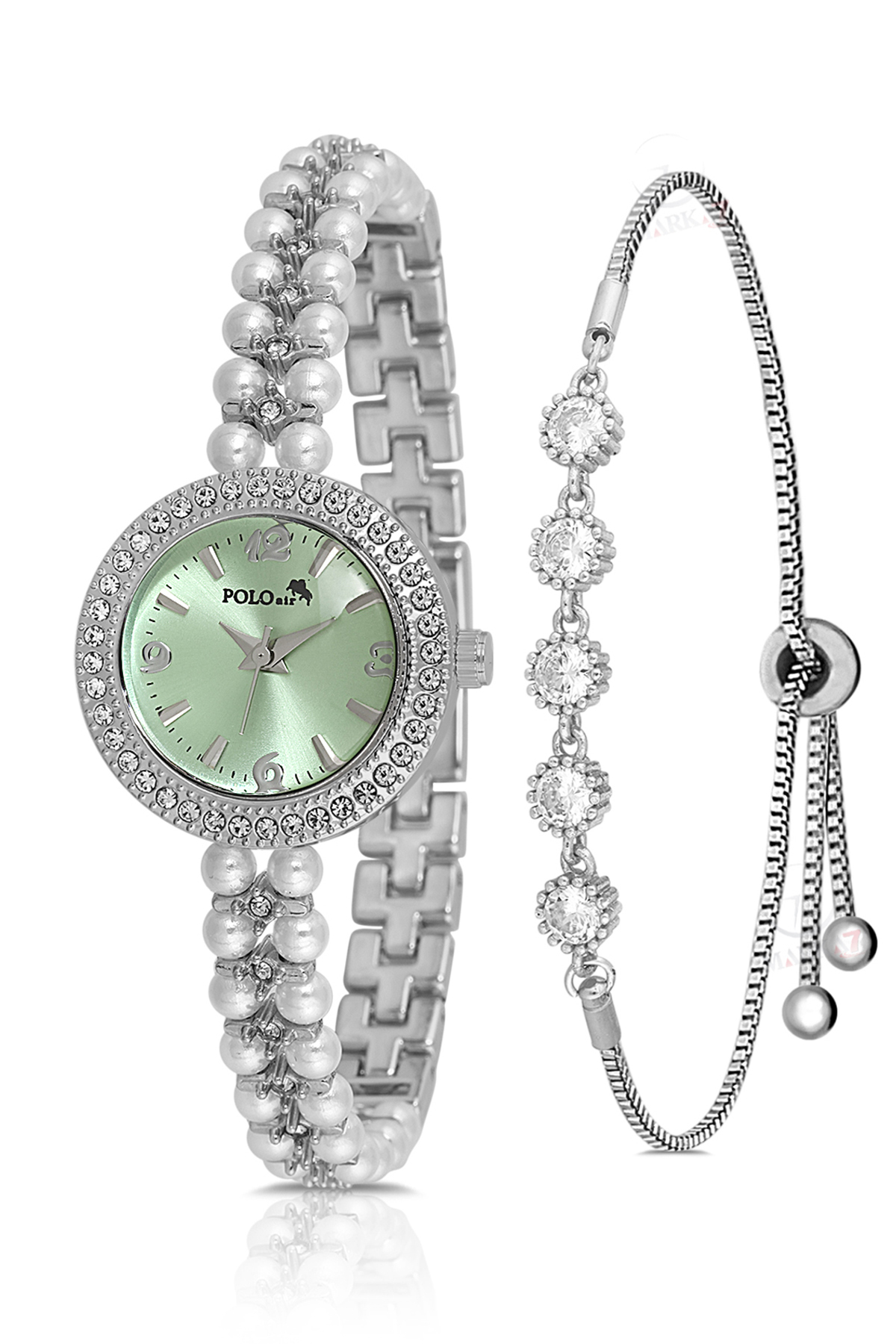 İnci Taşlı Görünümlü Kadın Kol Saati Zirkon Taşlı 5 Taş Bileklik Kombin Yeşil Gümüş Renk Pl-1528B3 Yeşil Pl-1528B3