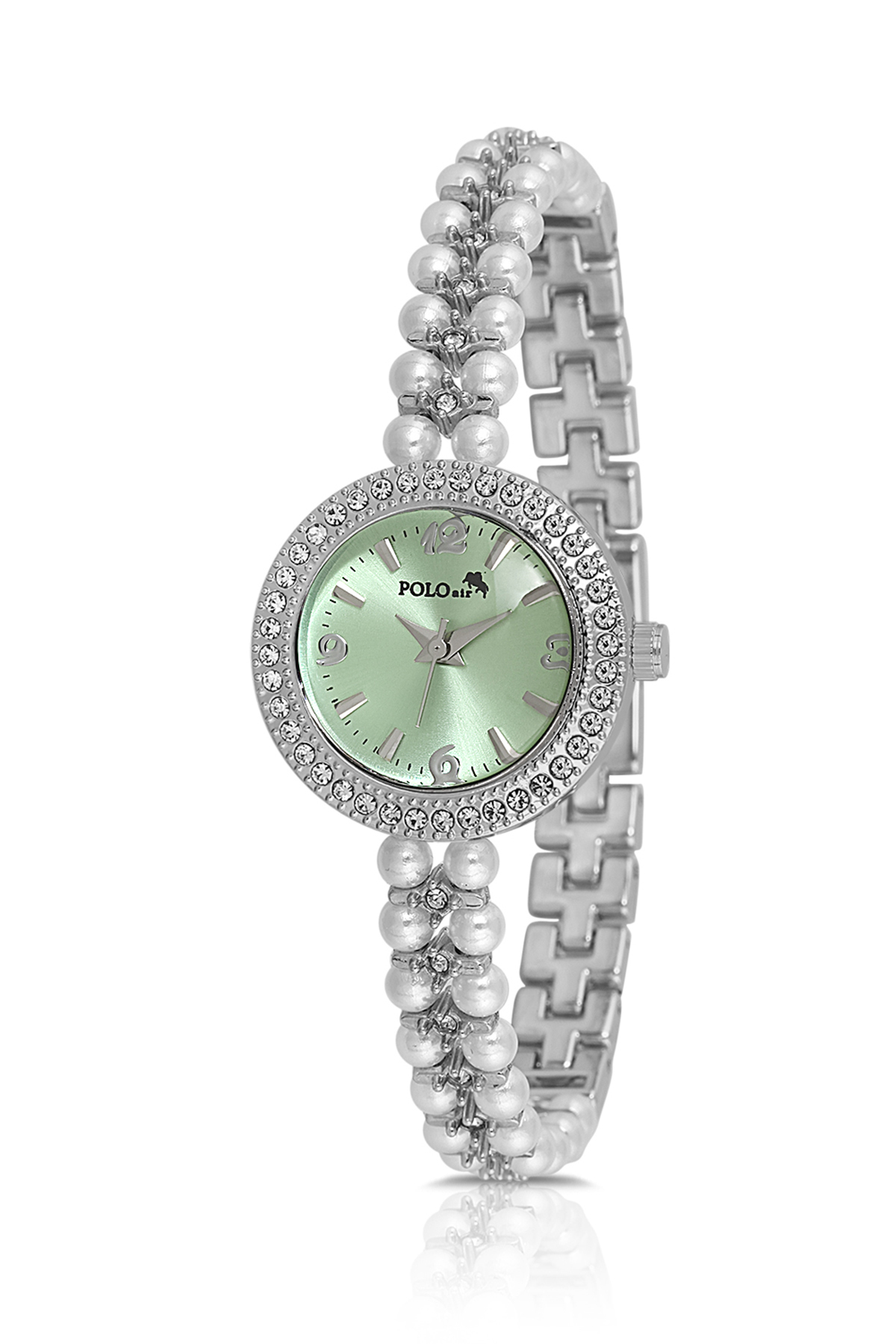 İnci Taşlı Görünümlü Kadın Kol Saati Zirkon Taşlı 5 Taş Bileklik Kombin Yeşil Gümüş Renk Pl-1528B3 Yeşil Pl-1528B3