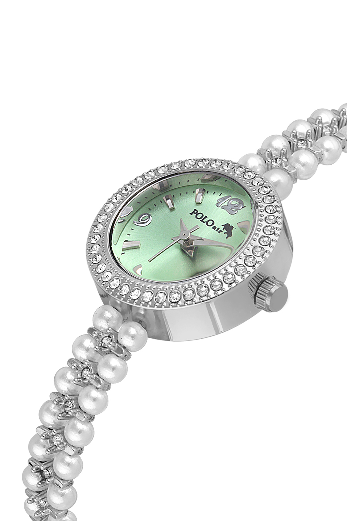 İnci Taşlı Görünümlü Kadın Kol Saati Zirkon Taşlı 5 Taş Bileklik Kombin Yeşil Gümüş Renk Pl-1528B3 Yeşil Pl-1528B3