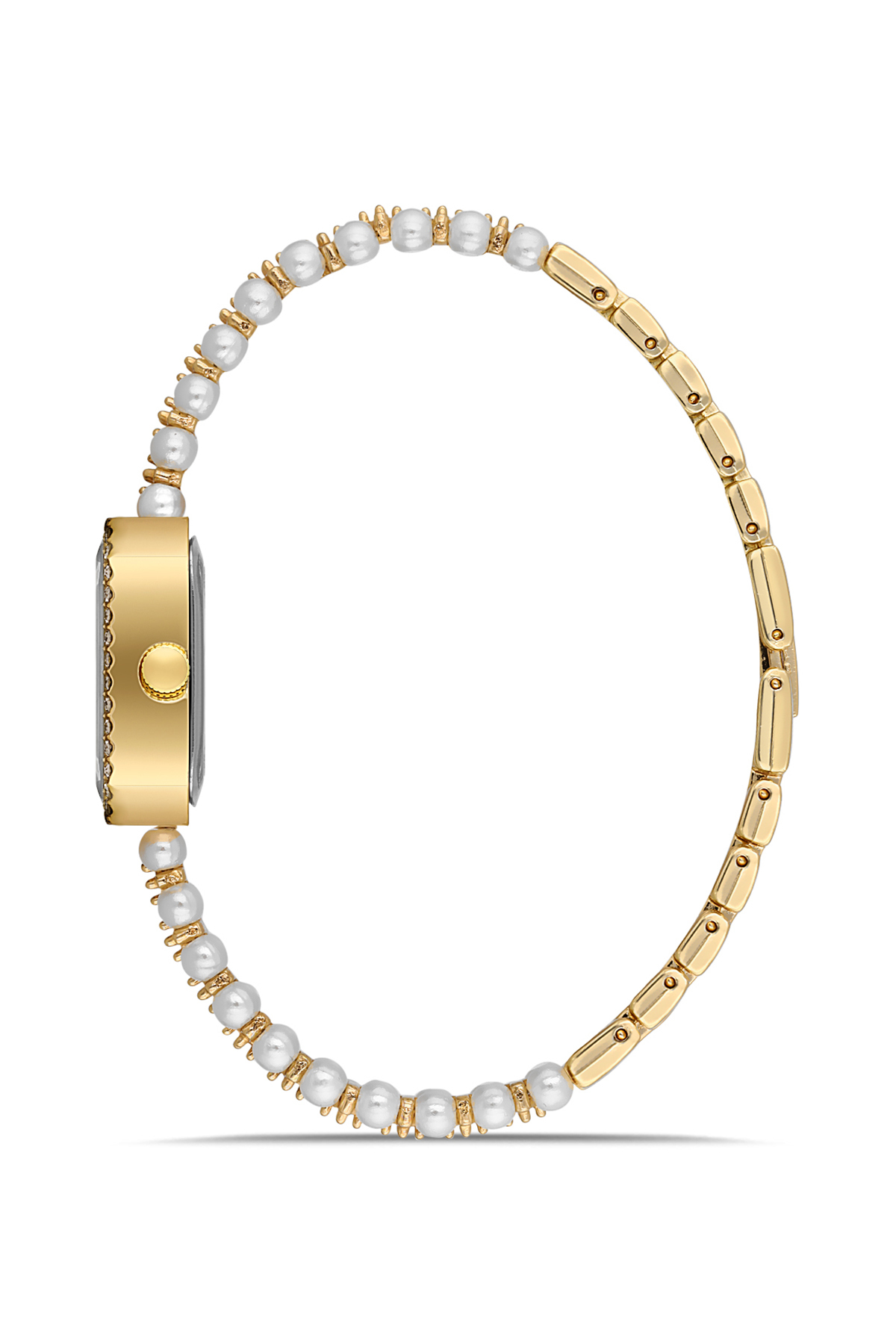 İnci Taşlı Görünümlü Kadın Kol Saati Zirkon Taşlı Su Yolu Bileklik Kombin Beyaz Gold Renk Pl-1529B1 Sarı Pl-1529B1