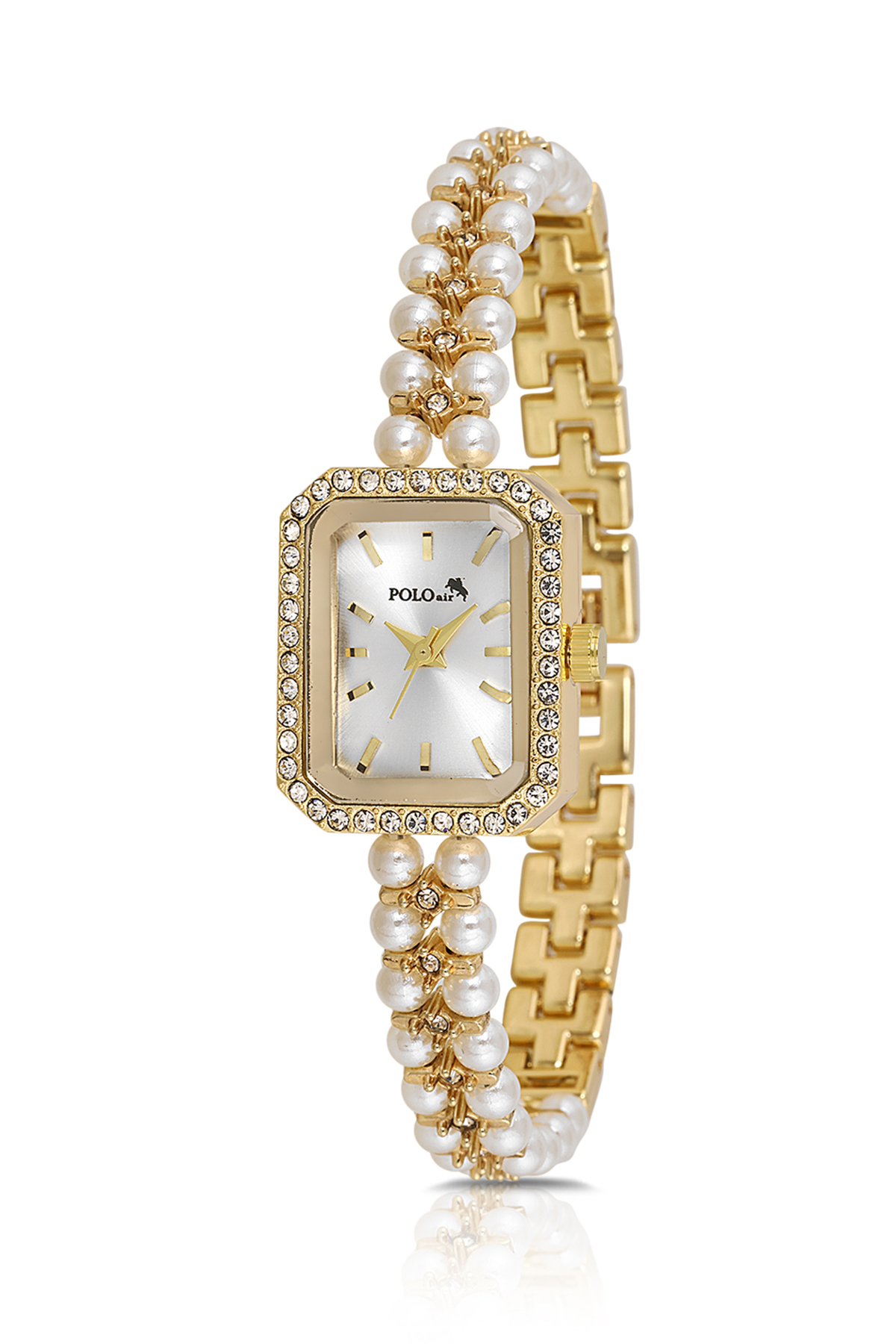 İnci Taşlı Görünümlü Kadın Kol Saati Zirkon Taşlı Su Yolu Bileklik Kombin Beyaz Gold Renk Pl-1529B1 Sarı Pl-1529B1