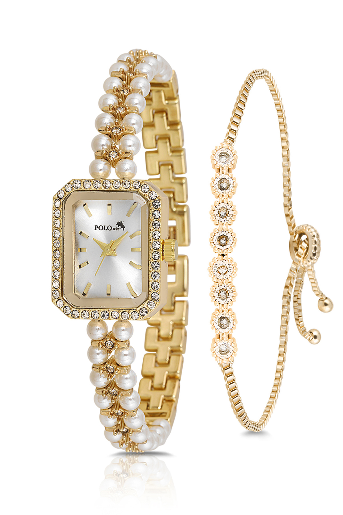 İnci Taşlı Görünümlü Kadın Kol Saati Zirkon Taşlı Su Yolu Bileklik Kombin Beyaz Gold Renk Pl-1529B1 Sarı Pl-1529B1