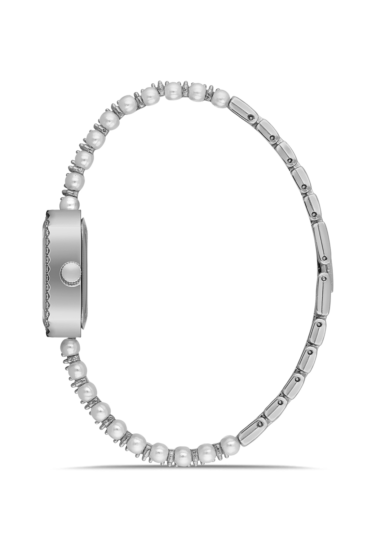 İnci Taşlı Görünümlü Kadın Kol Saati Zirkon Taşlı Suyolu Bileklik Kombin Beyaz Gümüş Renk Pl-1529B2 Gri Pl-1529B2