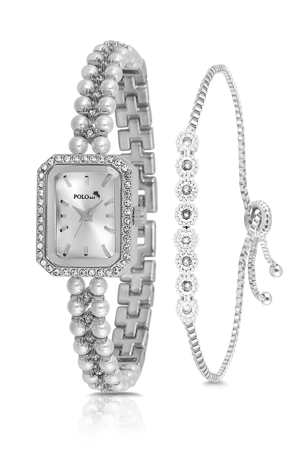 İnci Taşlı Görünümlü Kadın Kol Saati Zirkon Taşlı Suyolu Bileklik Kombin Beyaz Gümüş Renk Pl-1529B2 Gri Pl-1529B2