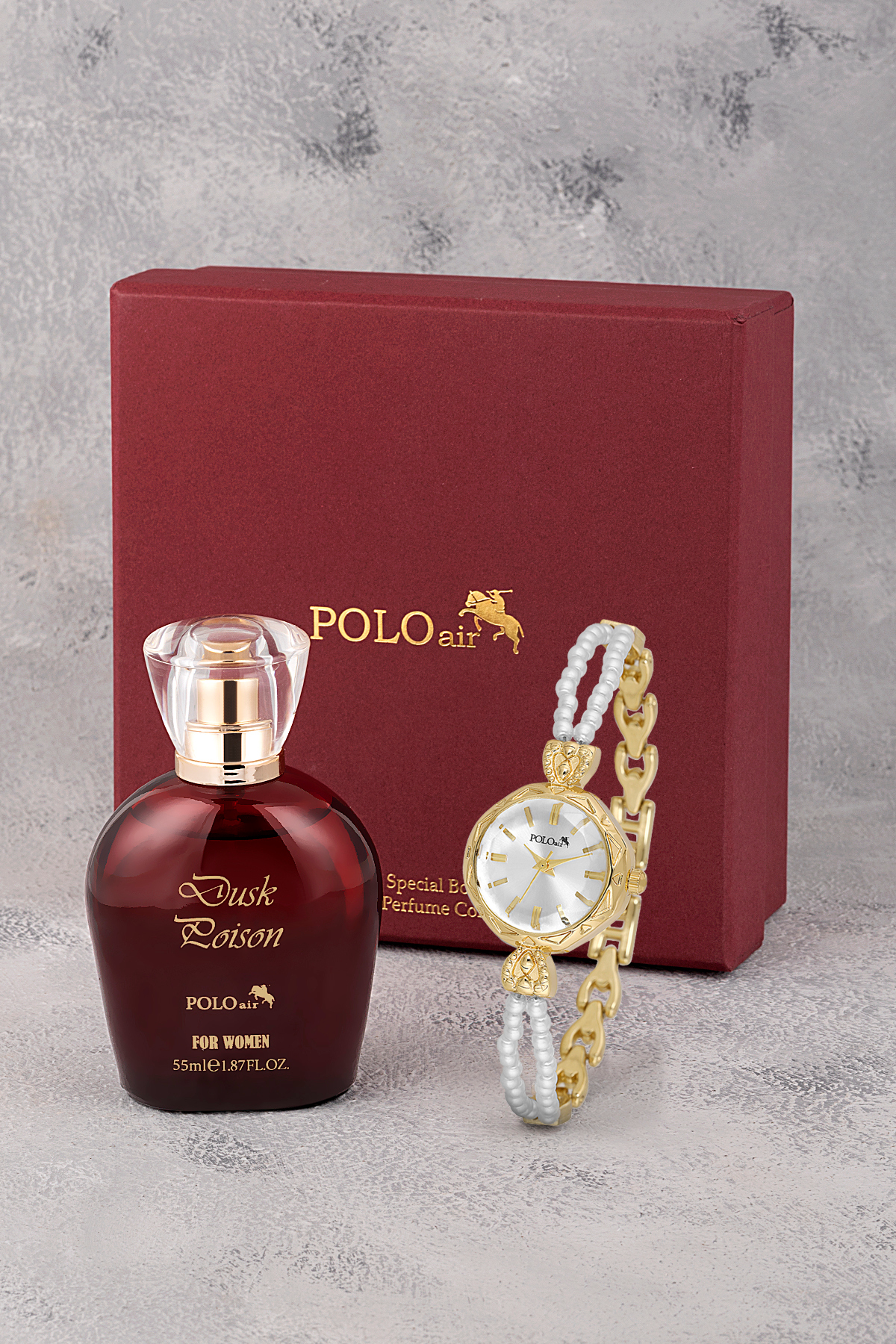 İnci Taşlı Görünümlü Kordon Kadın Kol Saati Parfüm Bordo Kutsunda Set Gold Beyaz Renk St-2174S1 Sarı St-2174S1 