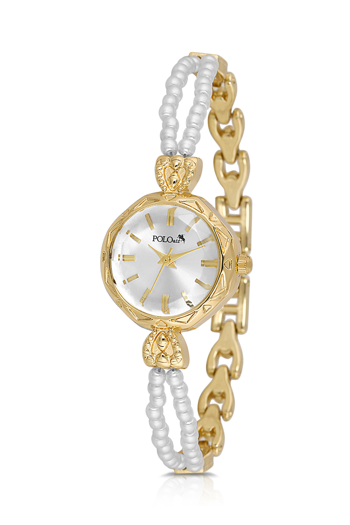 İnci Taşlı Görünümlü Kordon Kadın Kol Saati Parfüm Bordo Kutsunda Set Gold Beyaz Renk St-2174S1 Sarı St-2174S1 